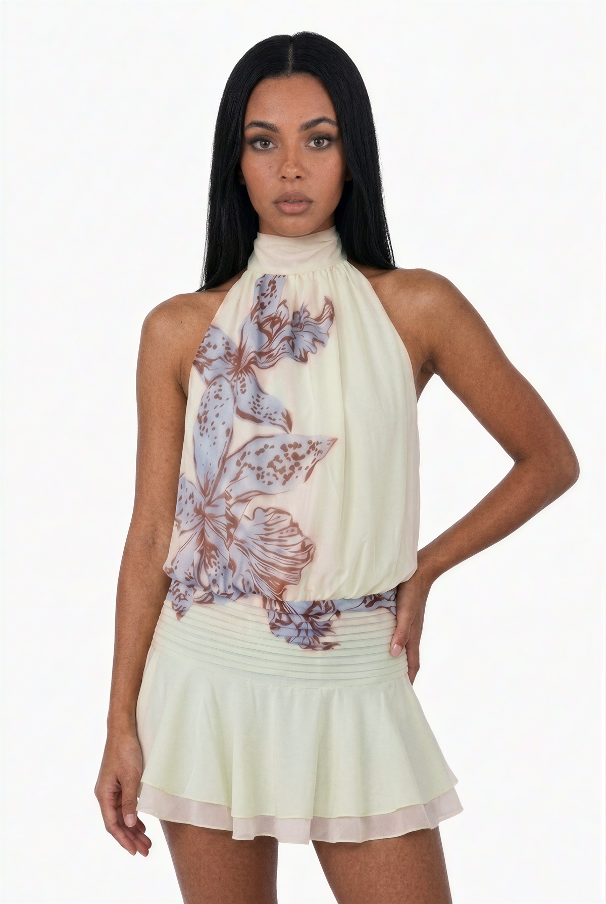 Cream Floral Halter Drop Waist Mini Dress
