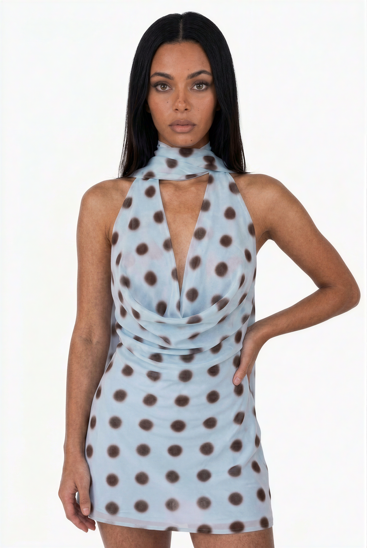 Light Blue Polka Dot Cowl Neck Halter Top Dress