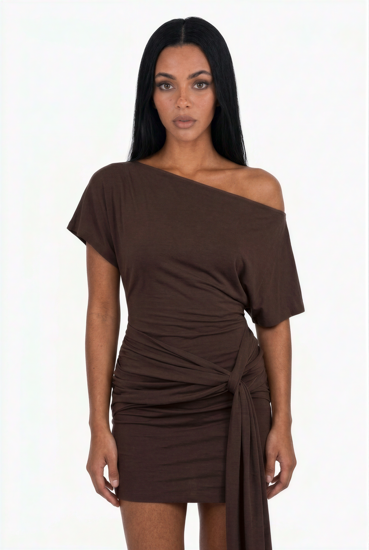 Brown Ruched Asymmetrical Draped Mini Dress
