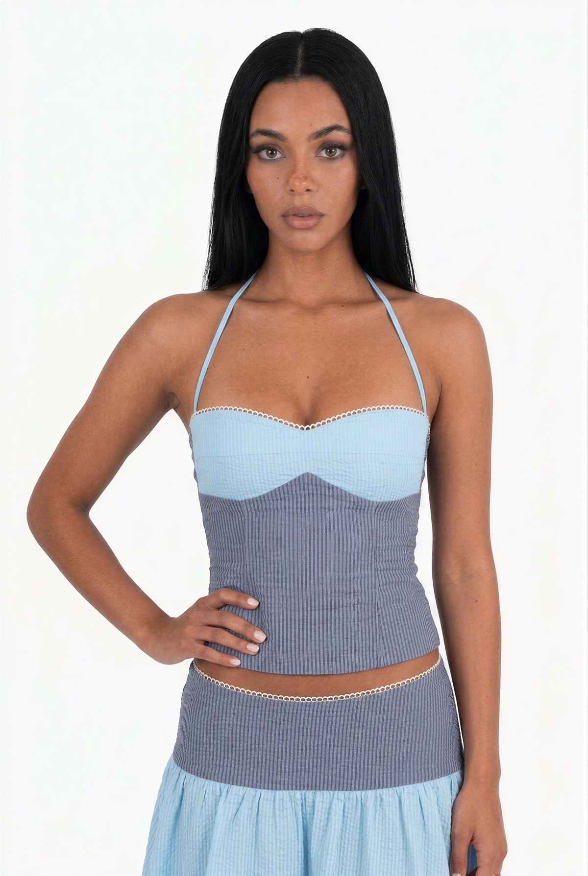 Sky Blue Halter Corset Top & Maxi Skirt Two-Piece Set
