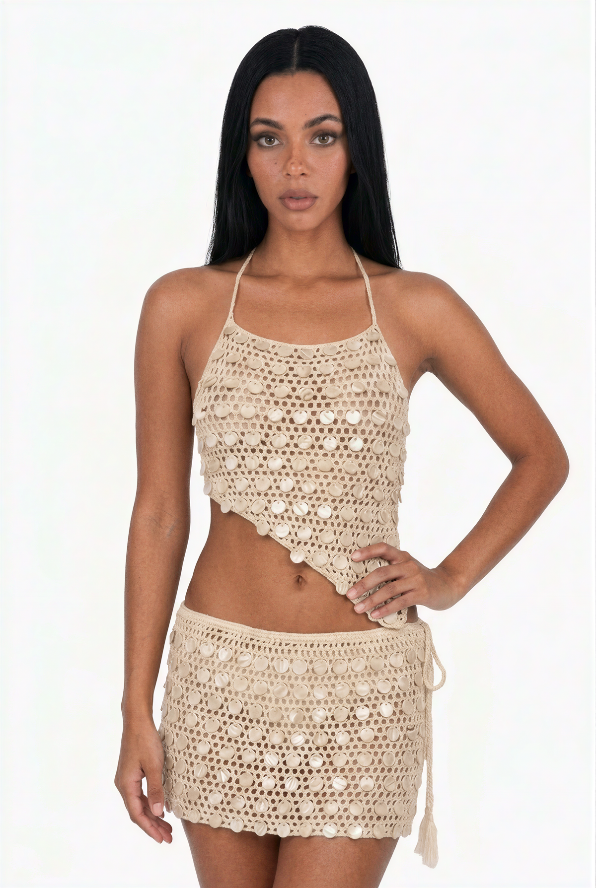 Crochet Coin-Embellished Two-Piece Skirt Set