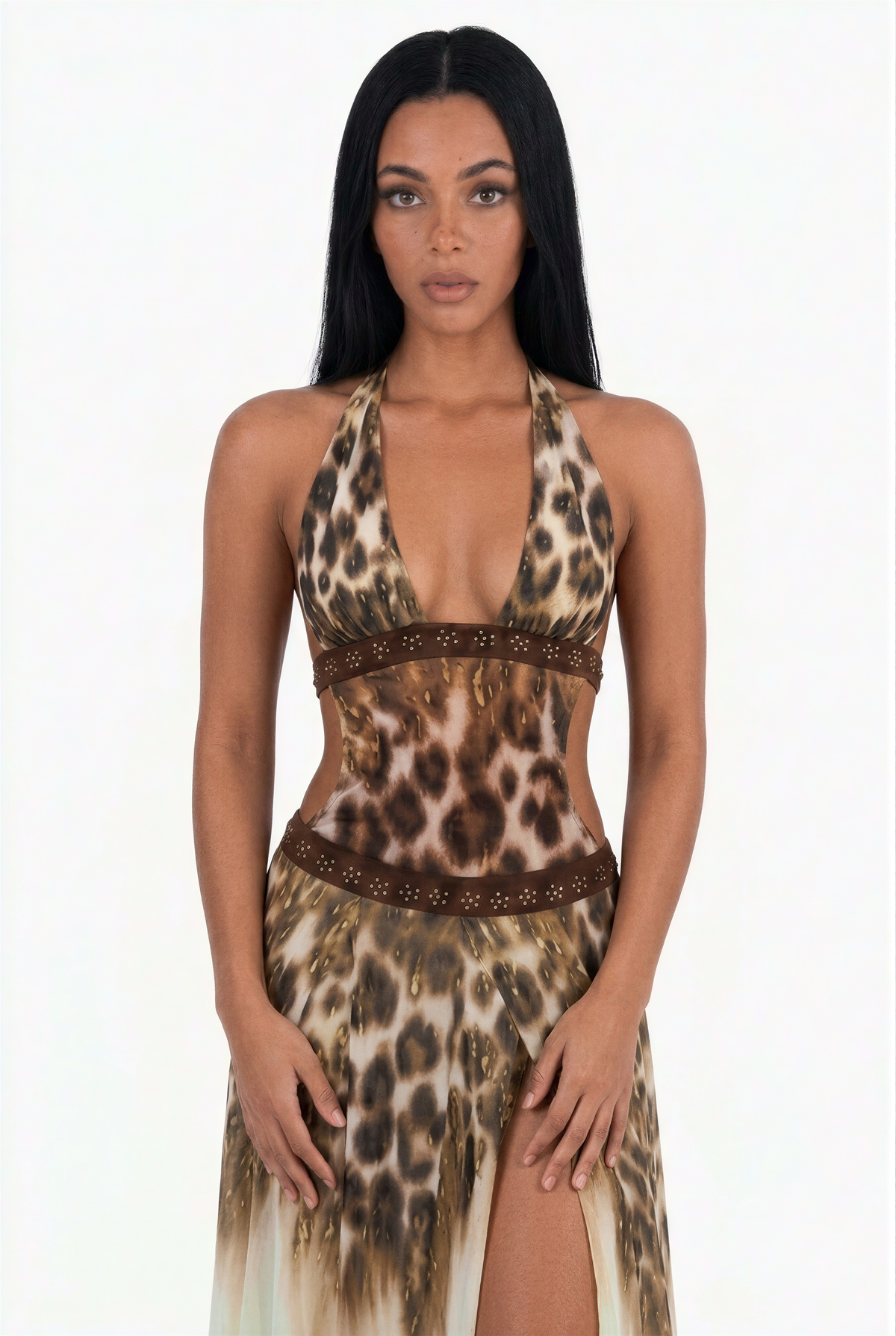 Leopard Print Halter Cutout Maxi Dress