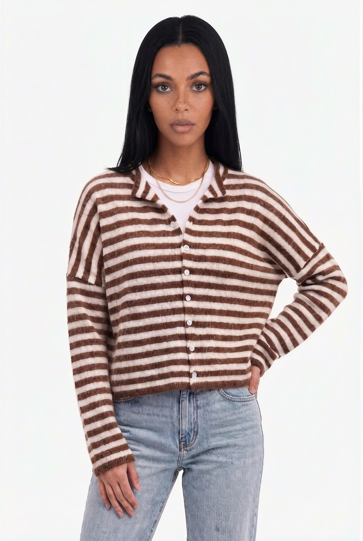 Brown Striped Knit Cardigan