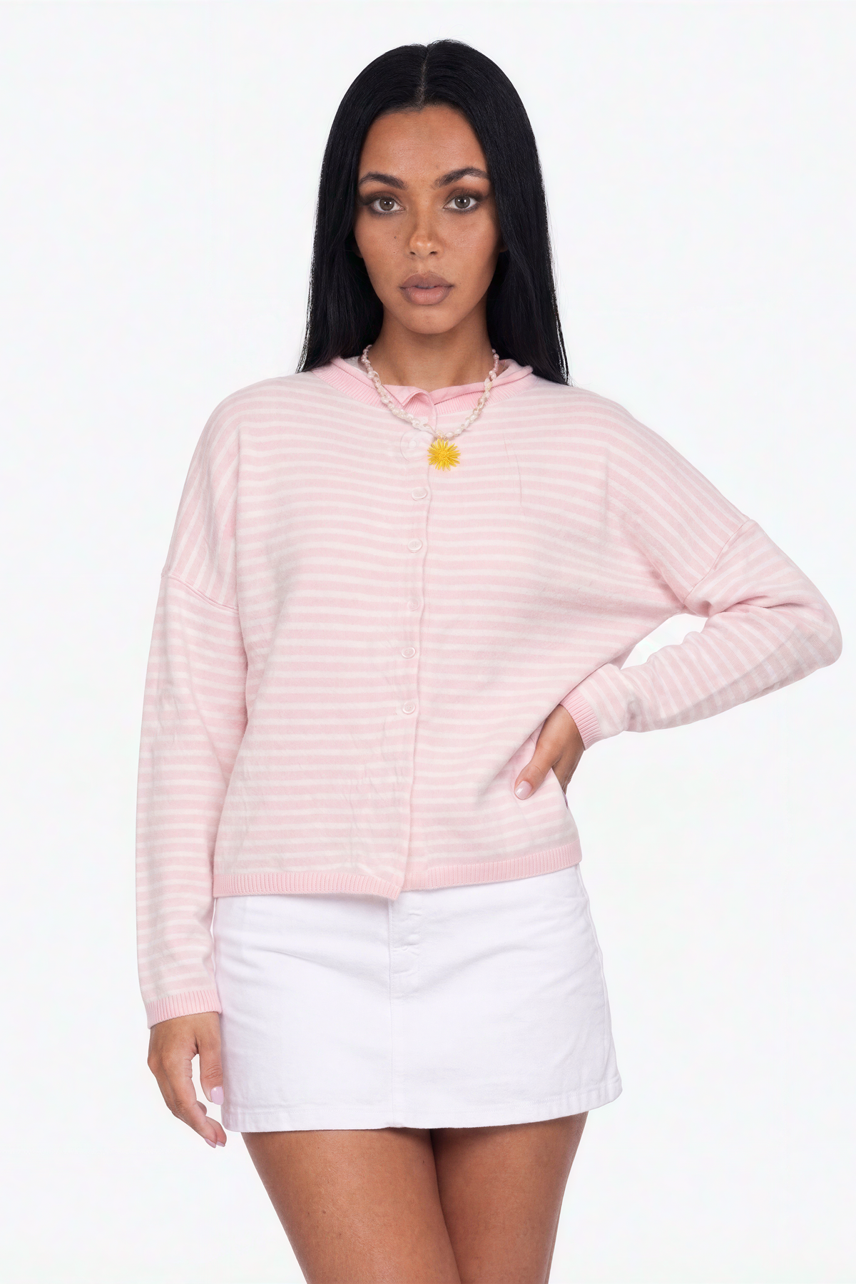 Pink Striped Knit Button-Front Cardigan