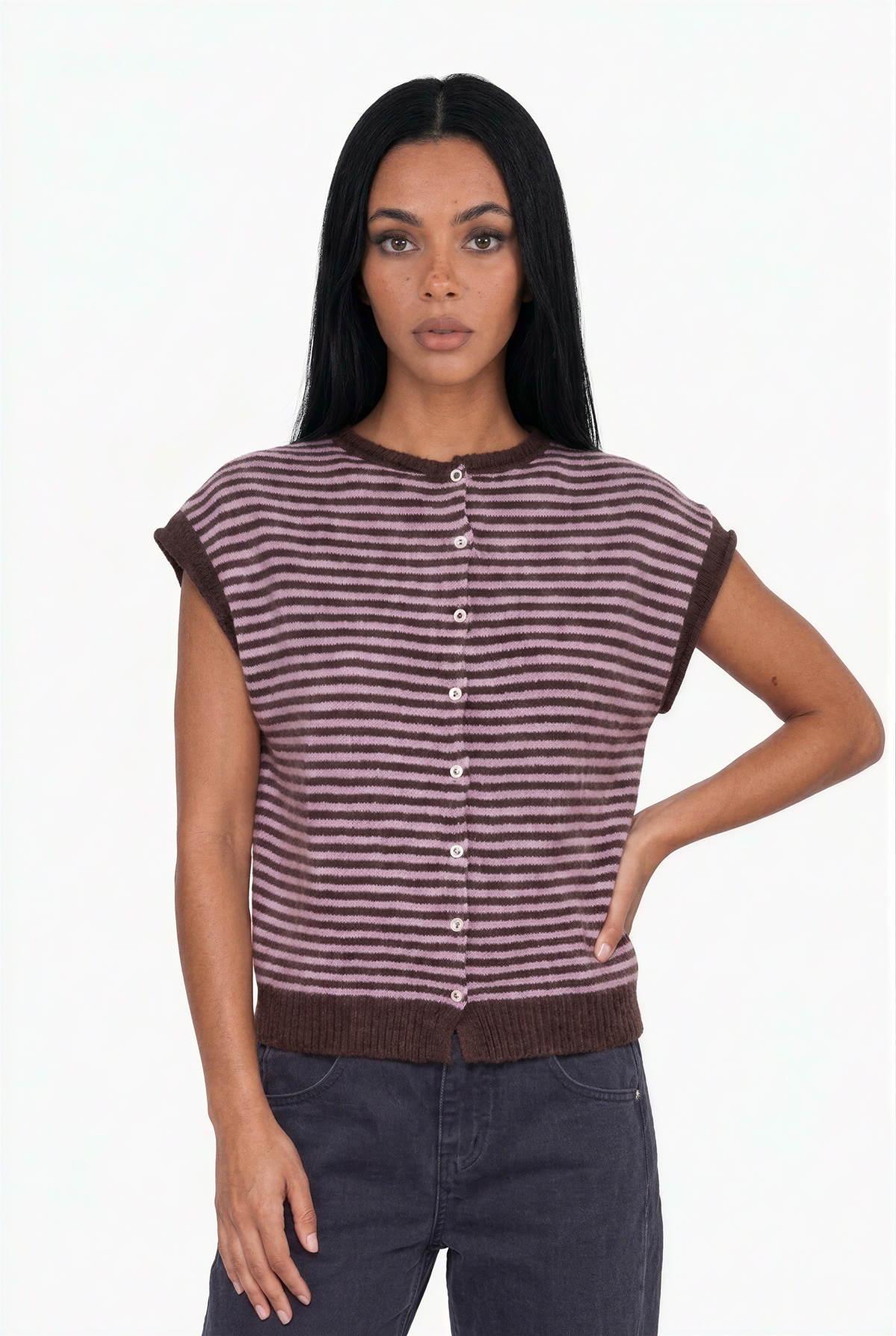 Striped Cashmere-Blend Sleeveless Cardigan - Mauve & Dark Brown