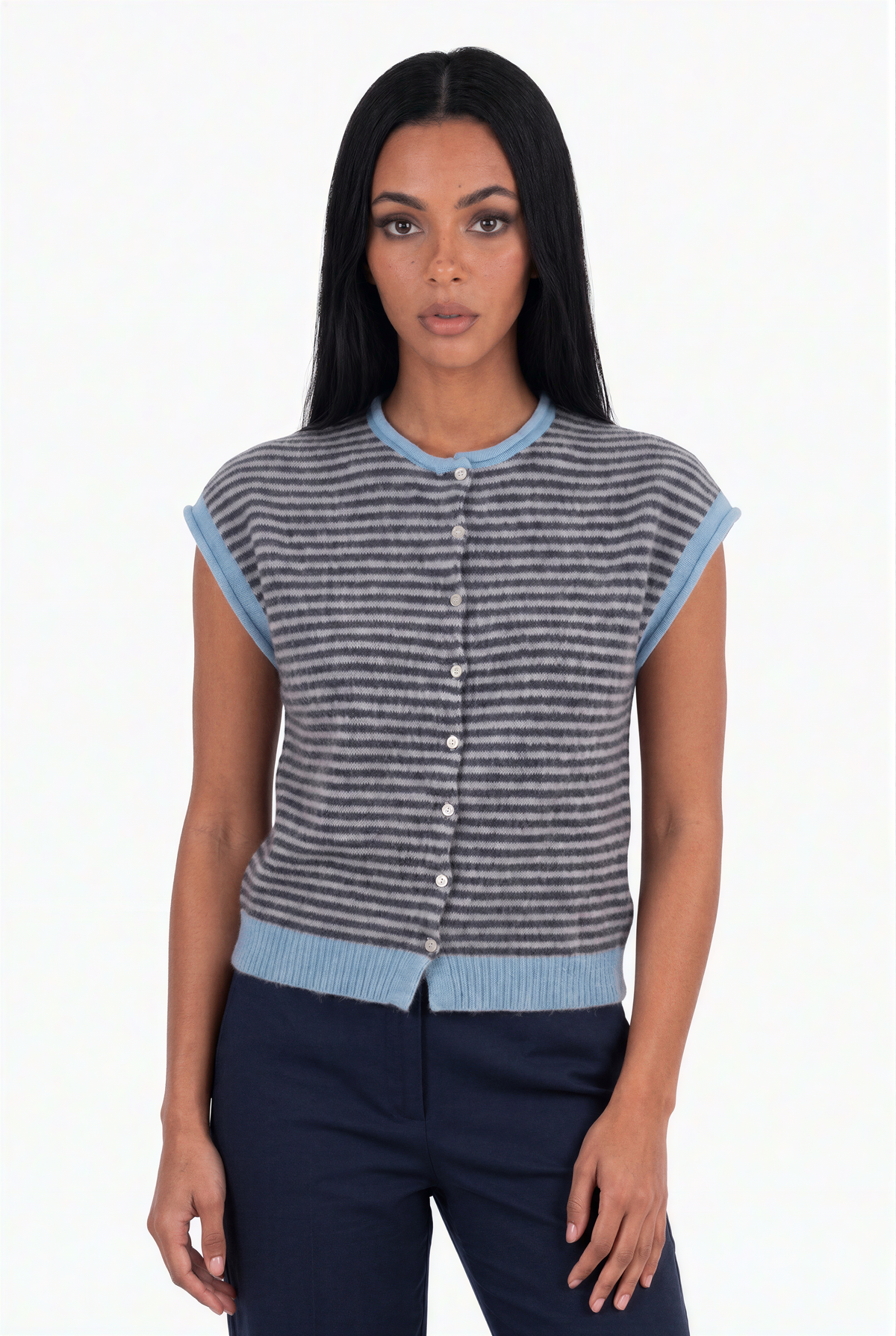 Striped Cashmere-Blend Sleeveless Cardigan - Mauve & Dark Brown