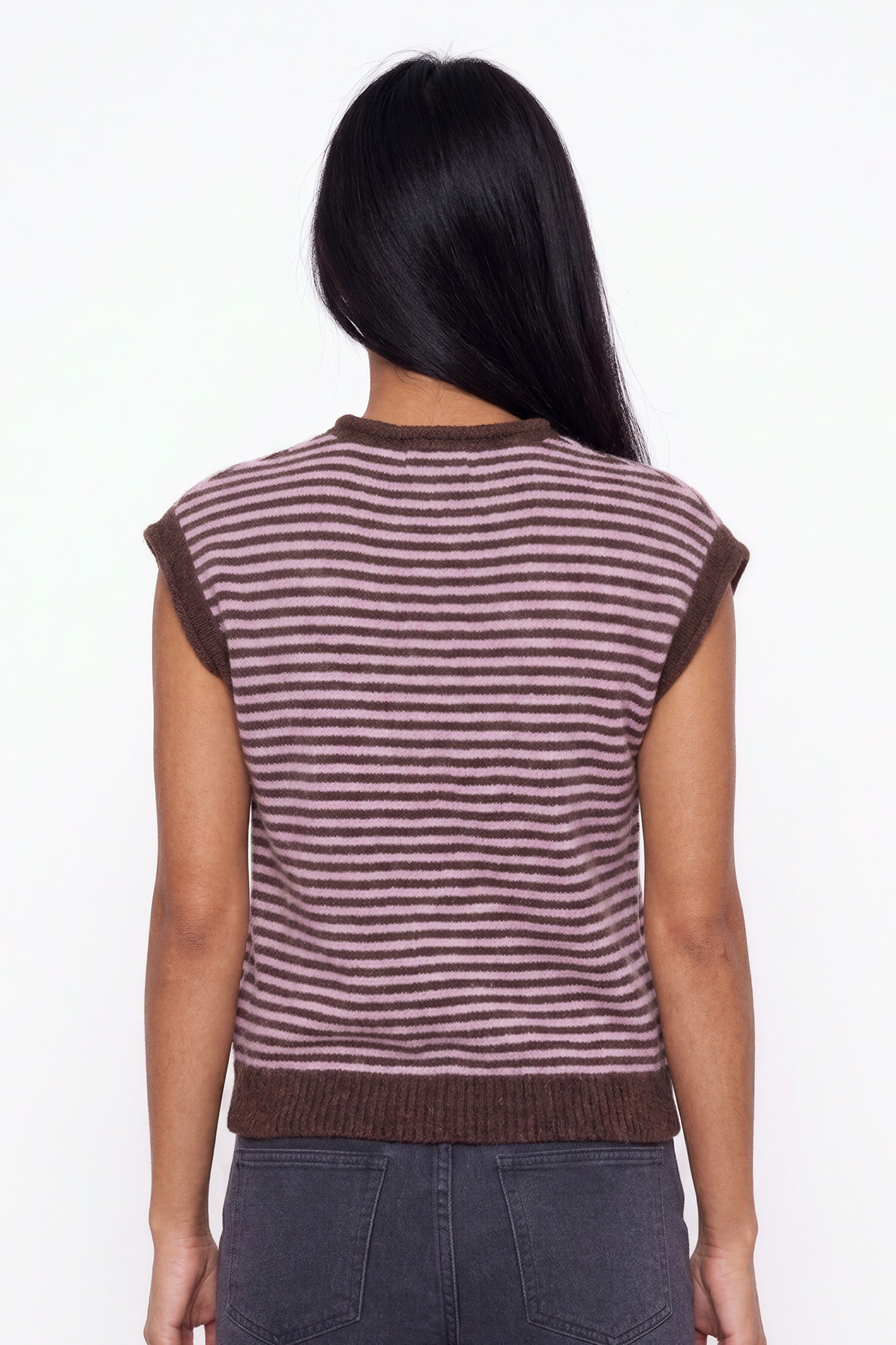 Striped Cashmere-Blend Sleeveless Cardigan - Mauve & Dark Brown