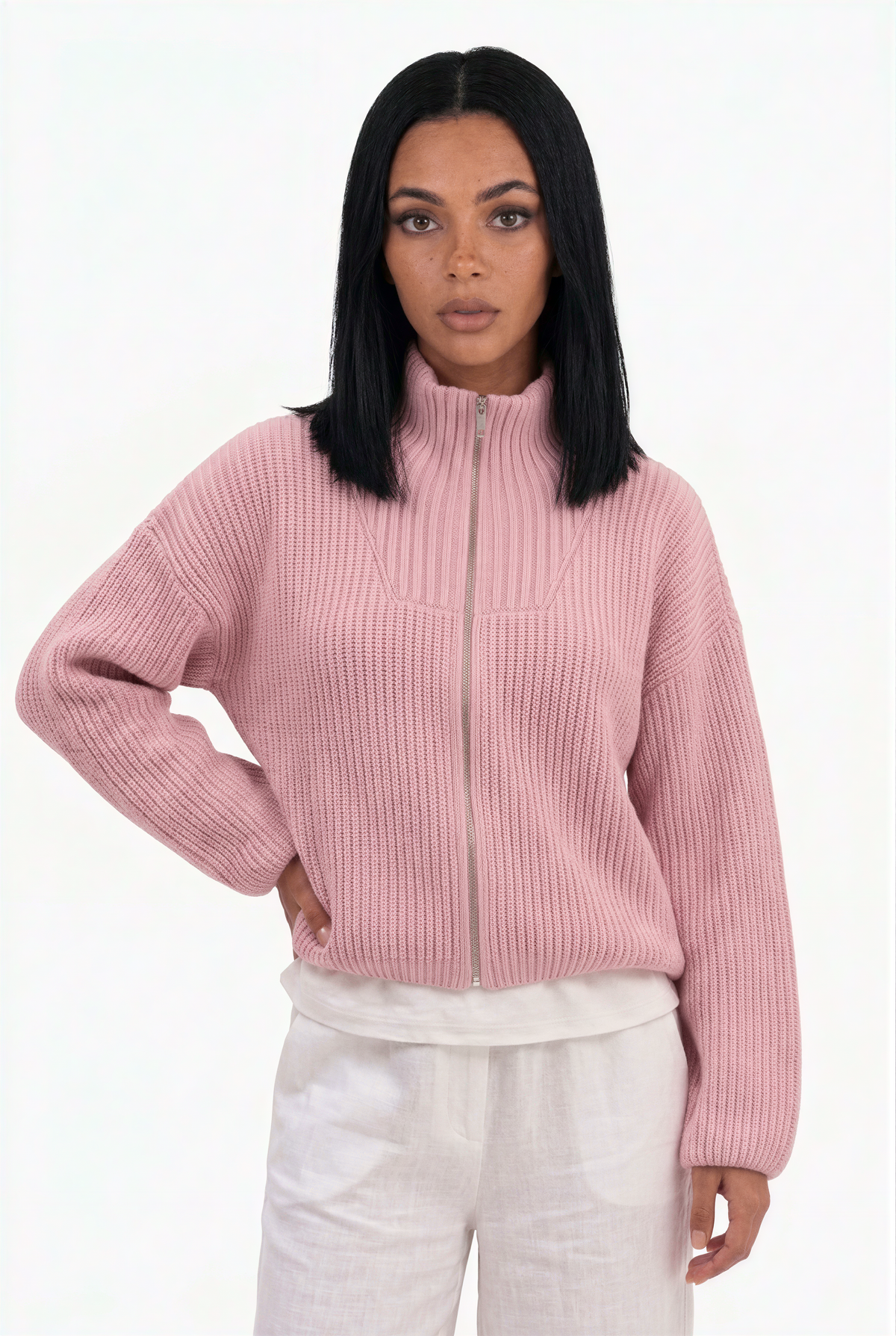 Ribbed Knit Full-Zip High-Neck Cardigan