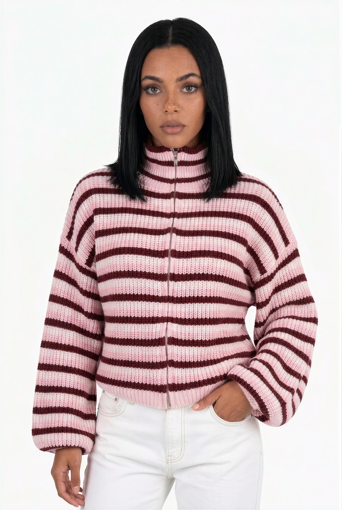 Ribbed Knit Full-Zip High-Neck Cardigan