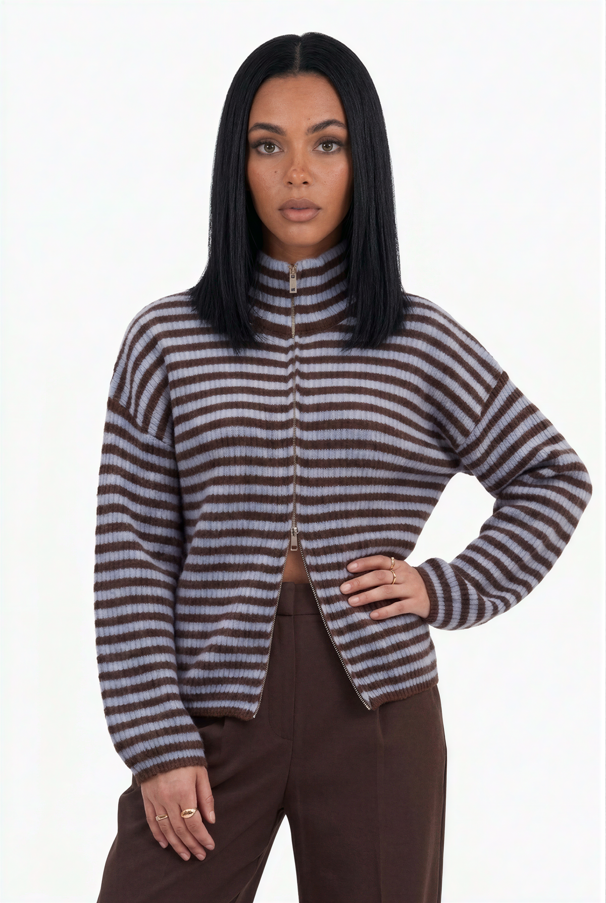 Ribbed Knit Full-Zip High-Neck Cardigan
