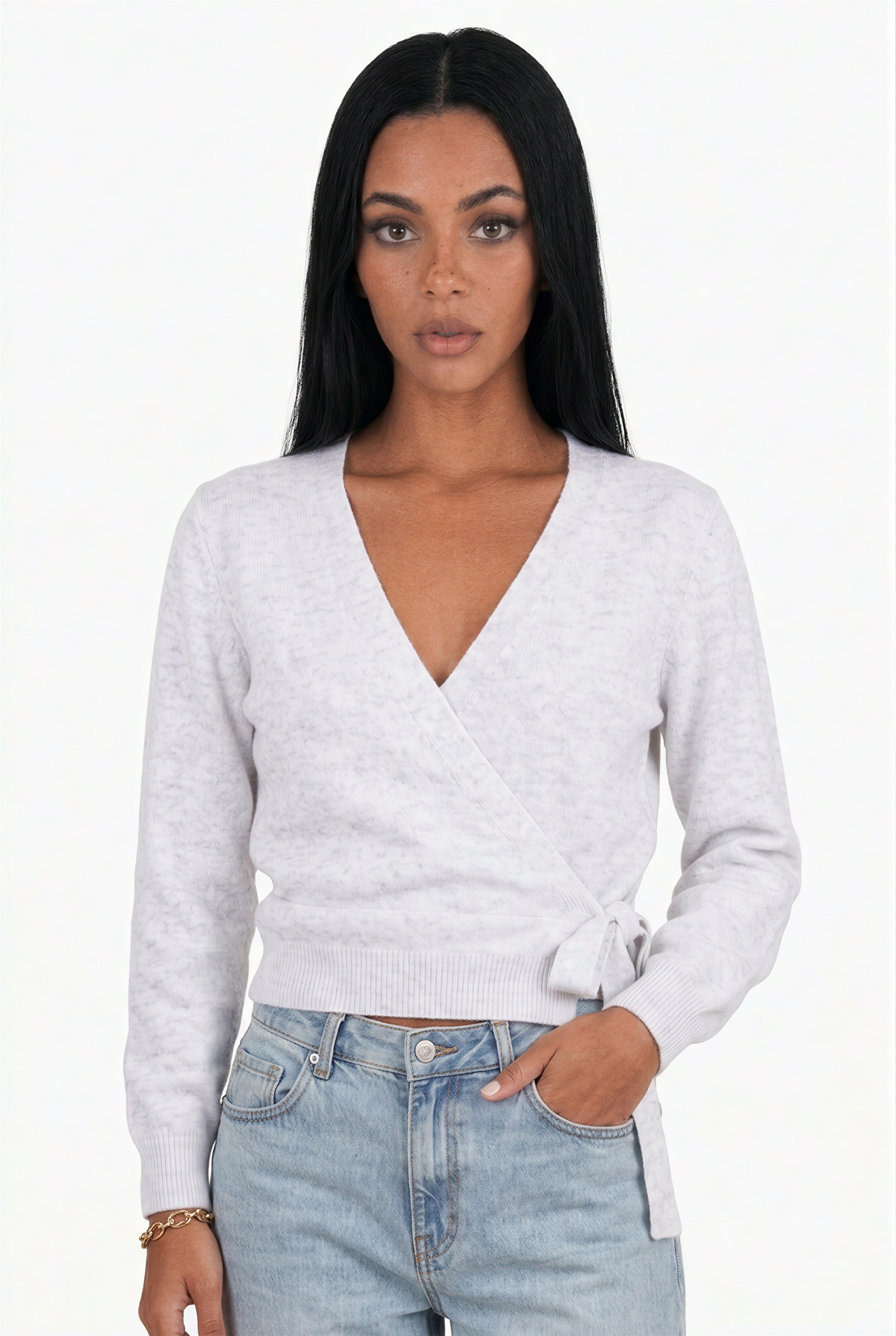 Heather Grey V-Neck Knit Wrap Sweater