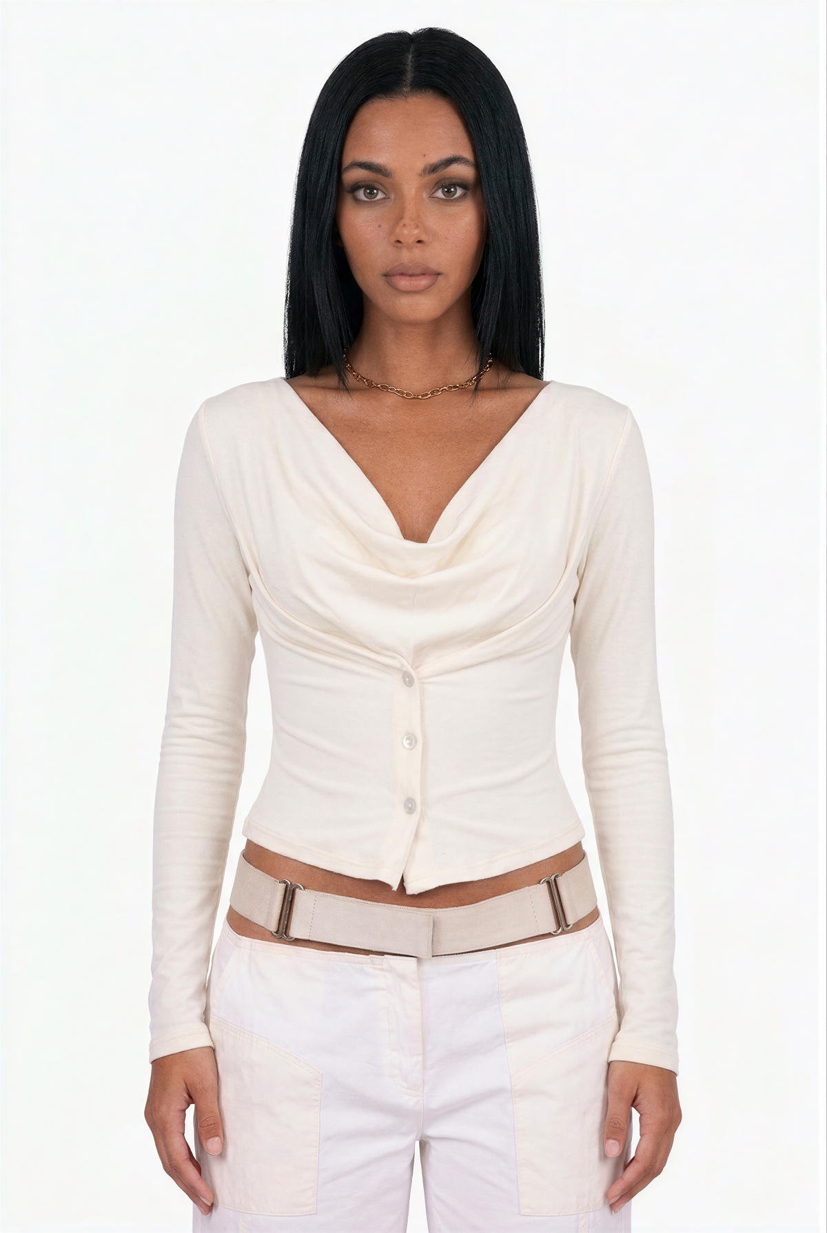 Off-The-Shoulder Button-Front Long-Sleeve Top