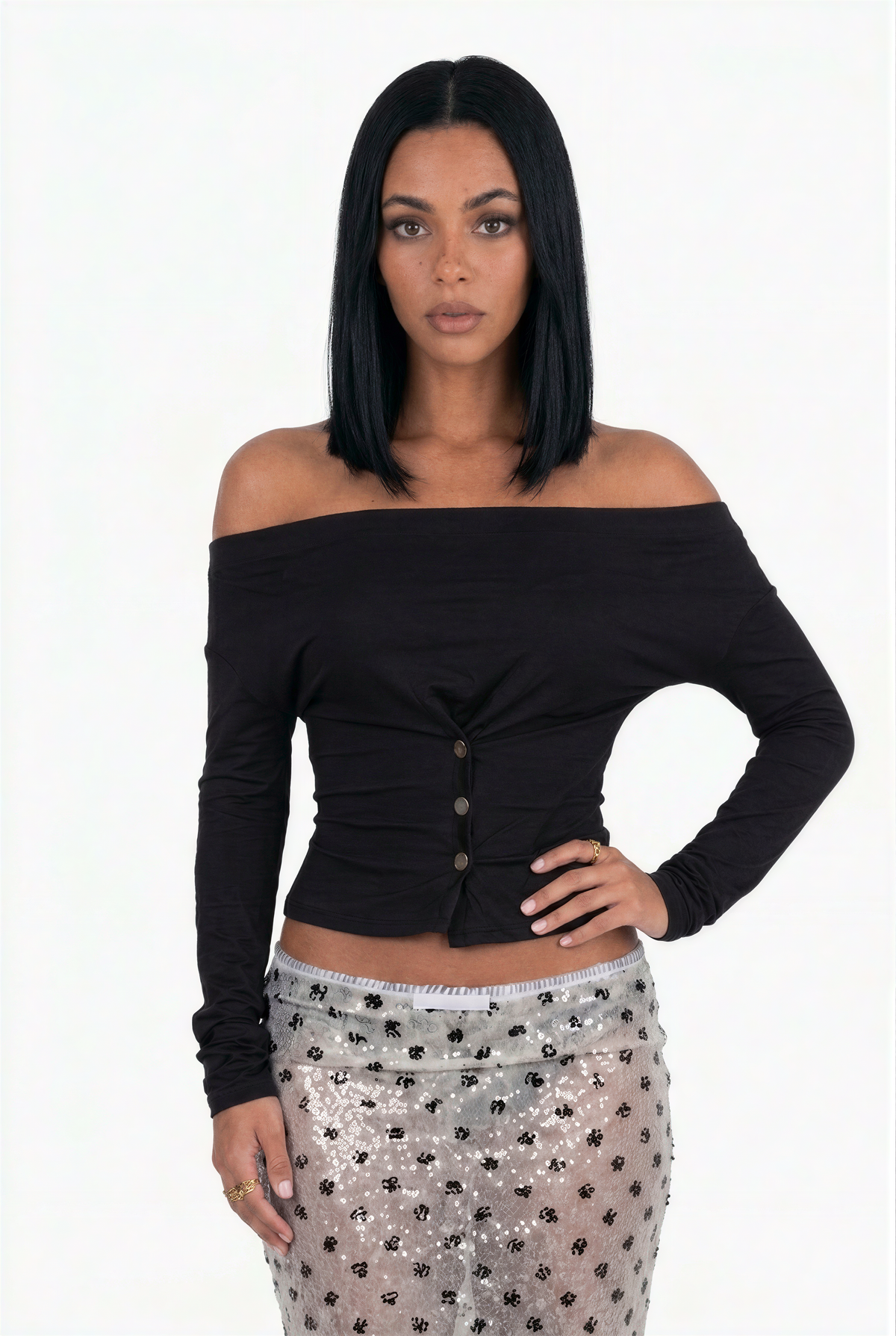 Off-The-Shoulder Button-Front Long-Sleeve Top