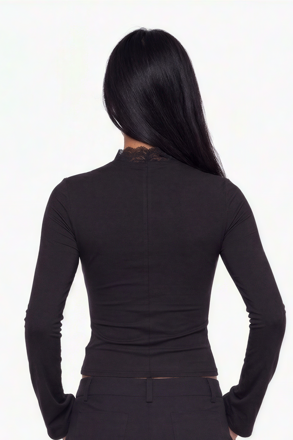Black Lace-Trim Keyhole Long-Sleeve Top