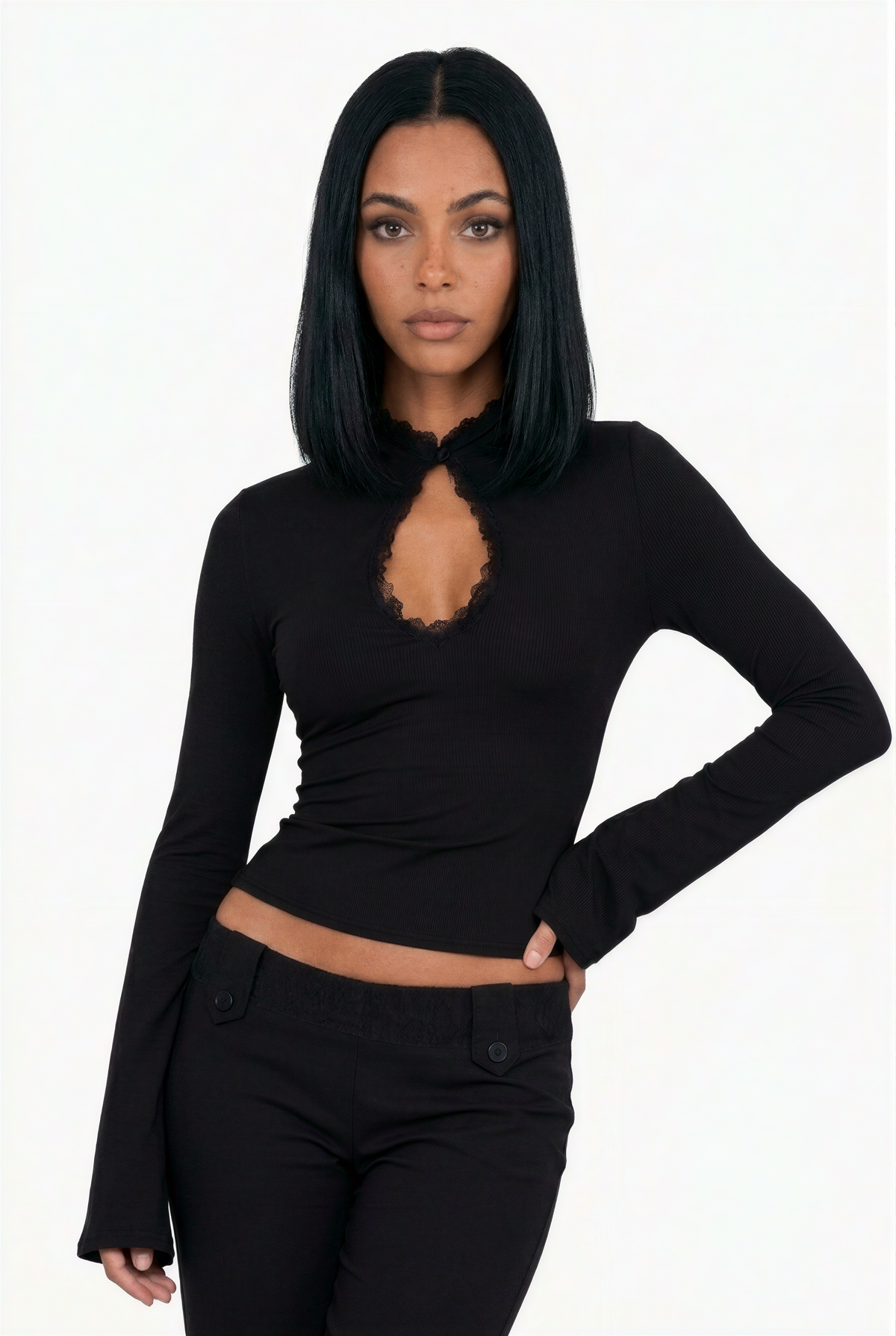 Black Lace-Trim Keyhole Long-Sleeve Top