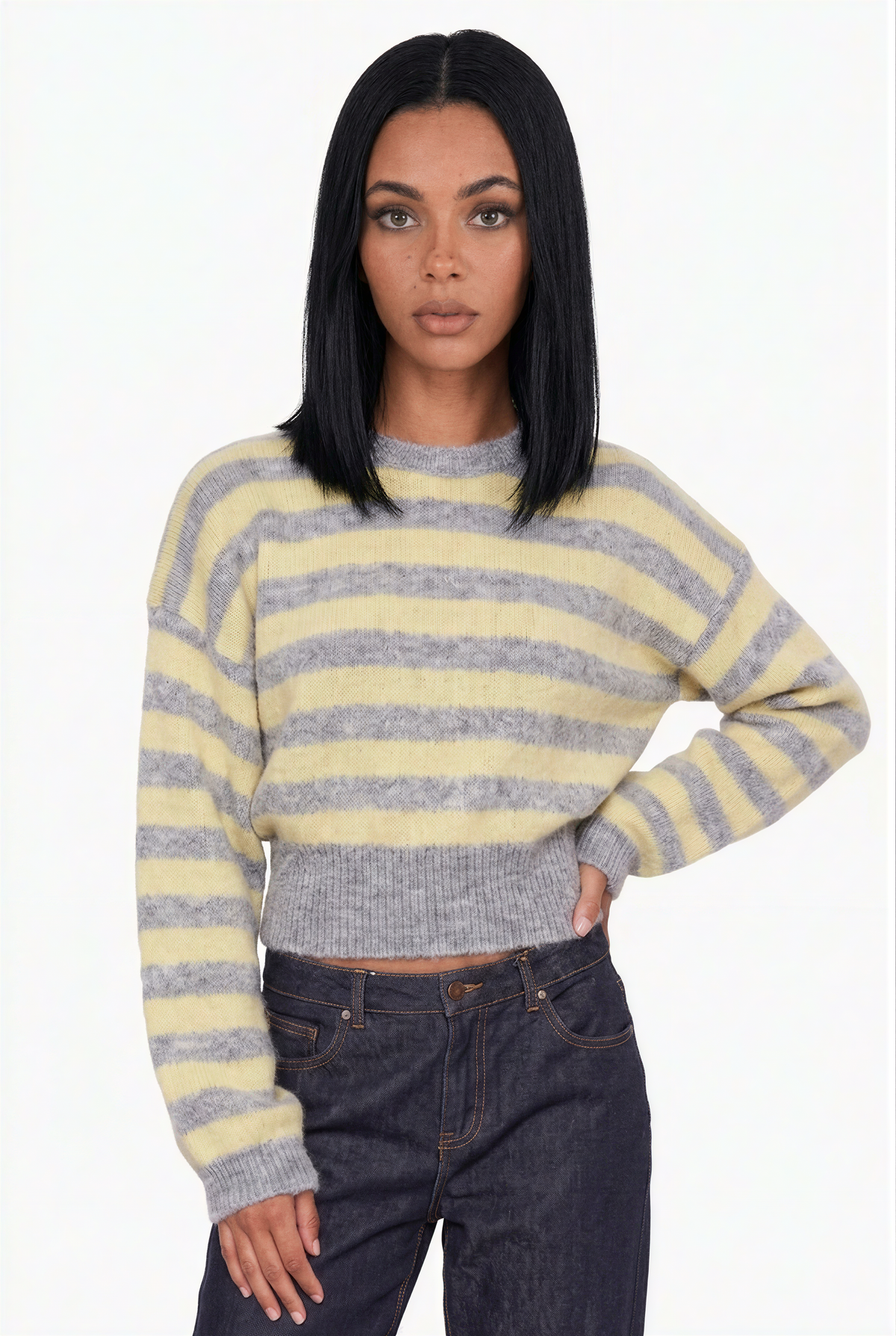 Cropped Grey and Yellow Striped Fuzzy Knit Sweater