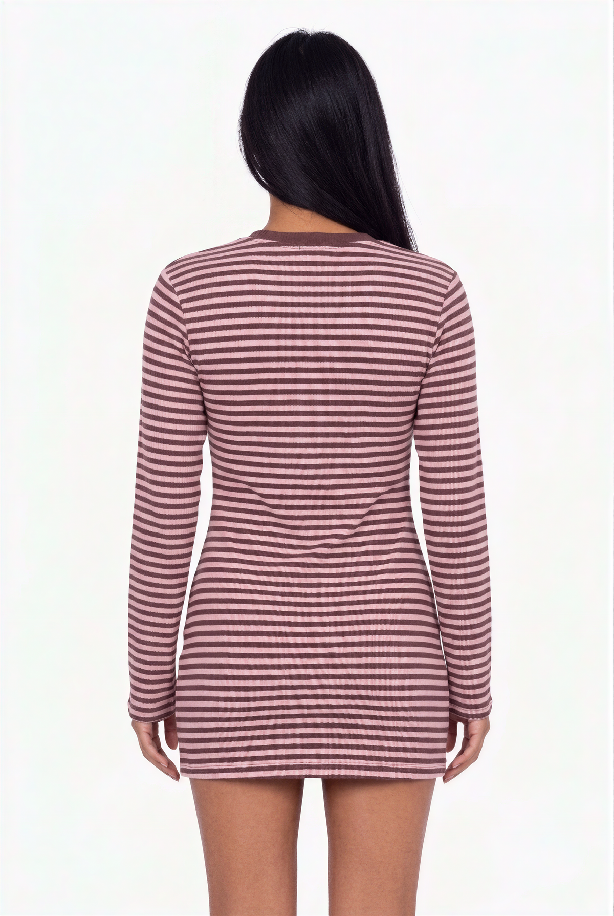 Pink and Brown Striped Long-Sleeve Mini Dress