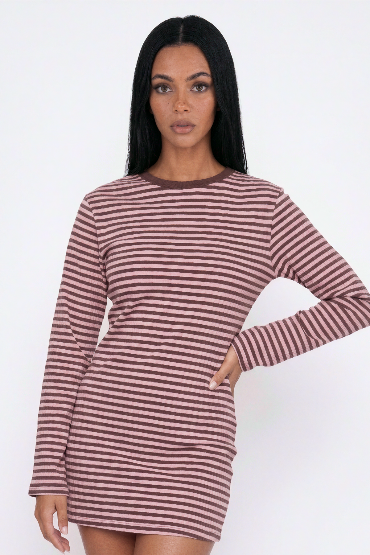 Pink and Brown Striped Long-Sleeve Mini Dress