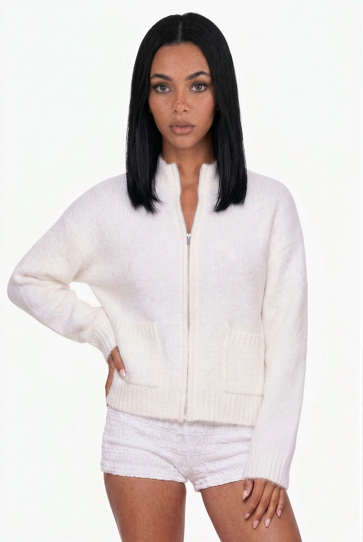 Cream Ribbed Zip-Up Knit Cardigan