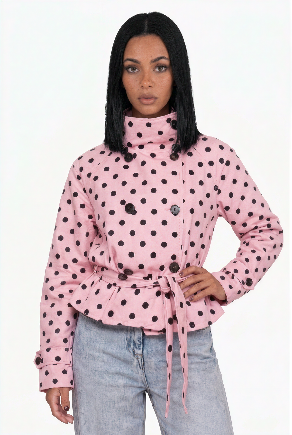 Pink Polka Dot Belted Crop Trench Jacket