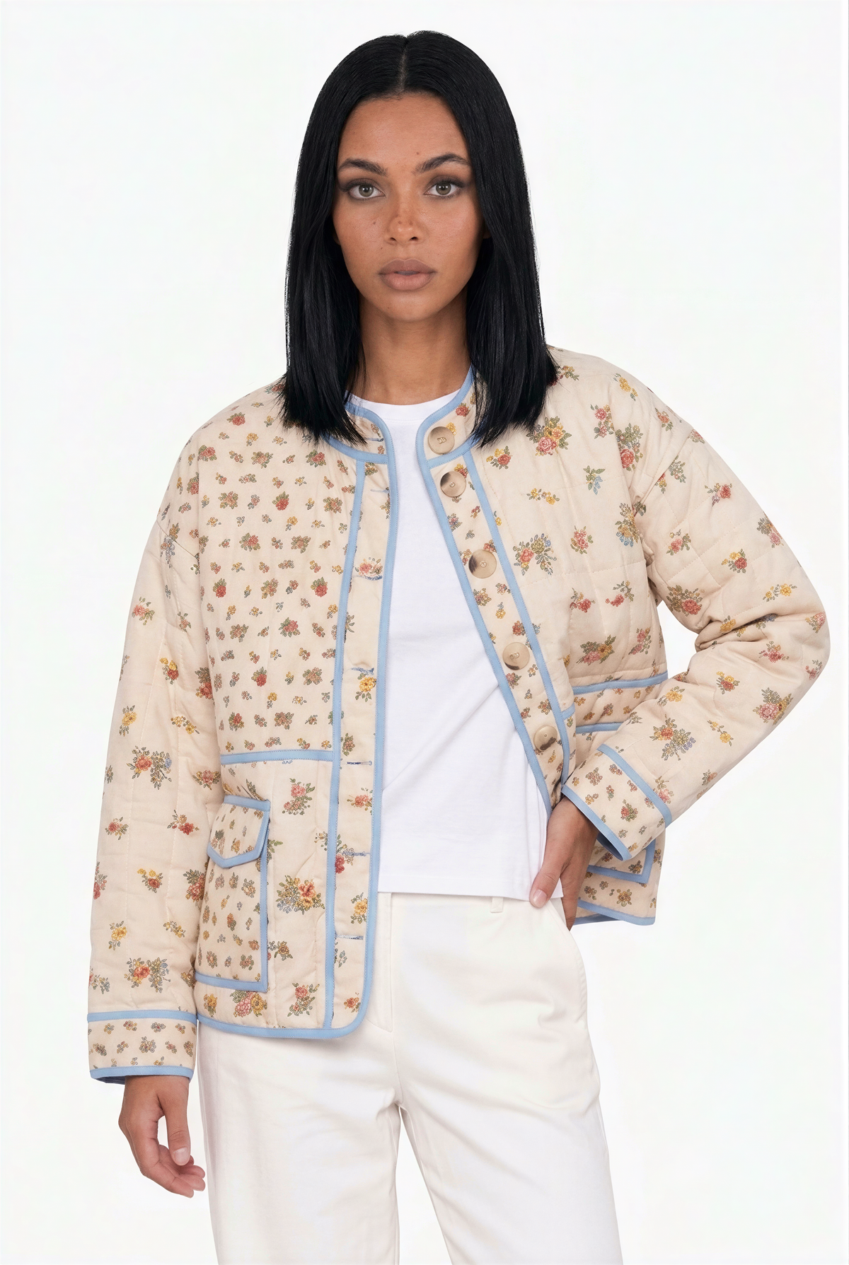 Quilted Ditsy Floral Jacket with Light Blue Piping