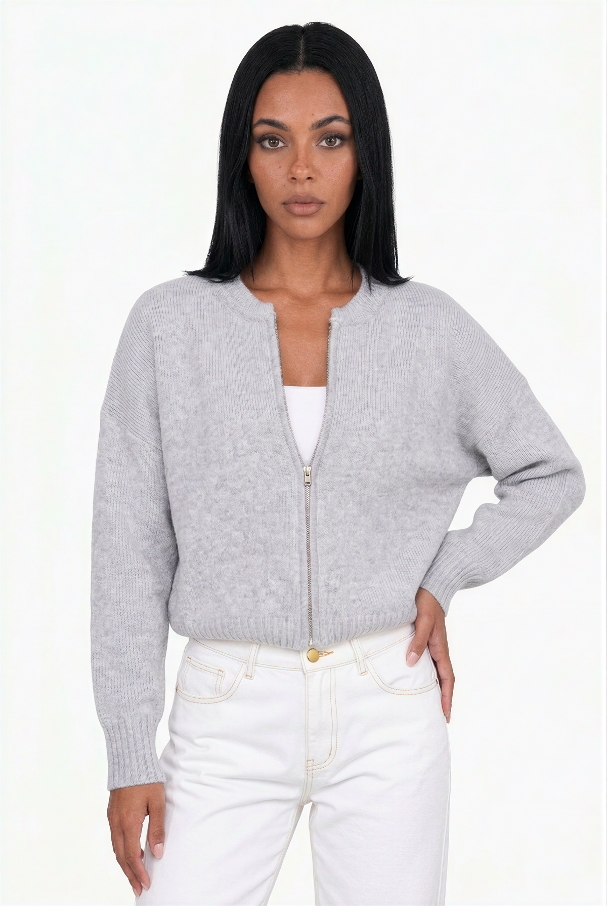 Light Grey Cropped Zip-Up Knit Cardigan