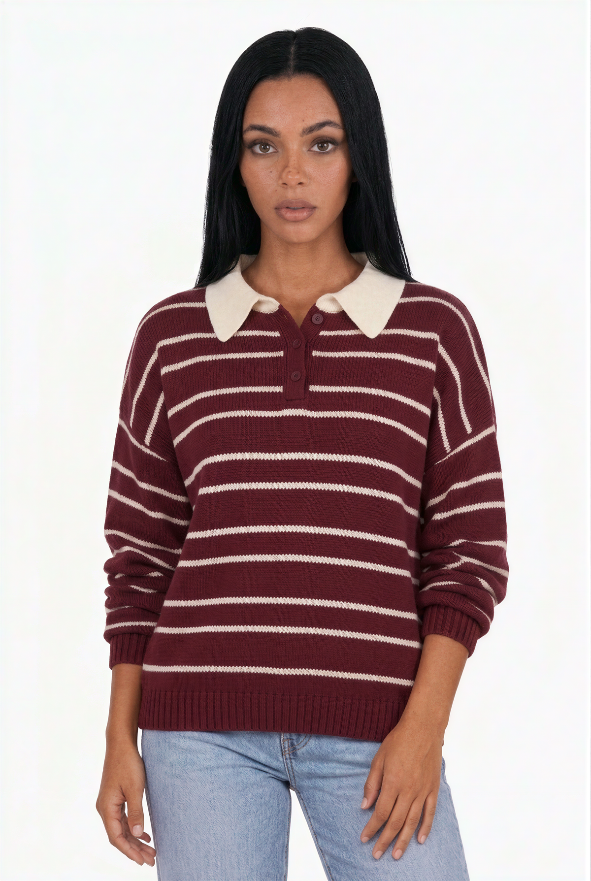 Oversized Burgundy Striped Polo Knit Sweater
