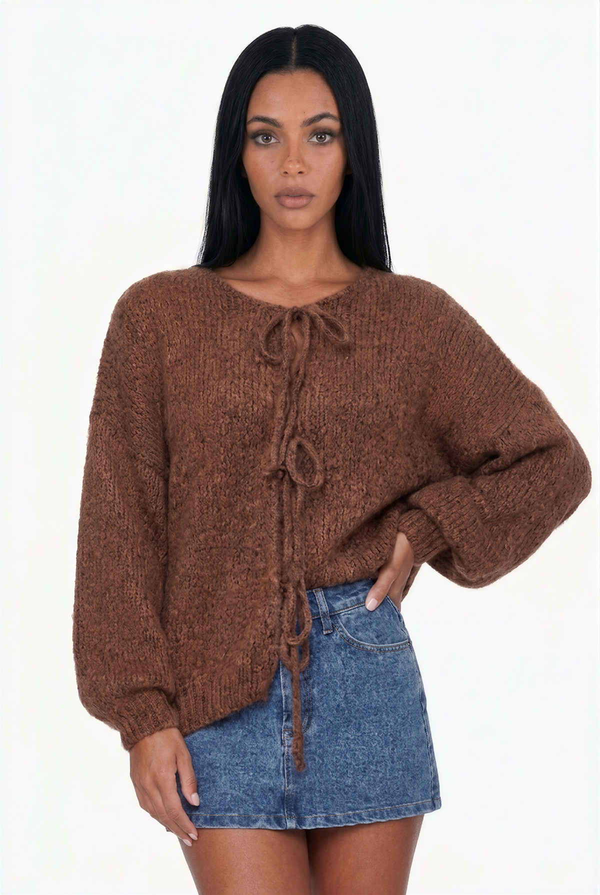Brown Tie-Front Knit Cardigan