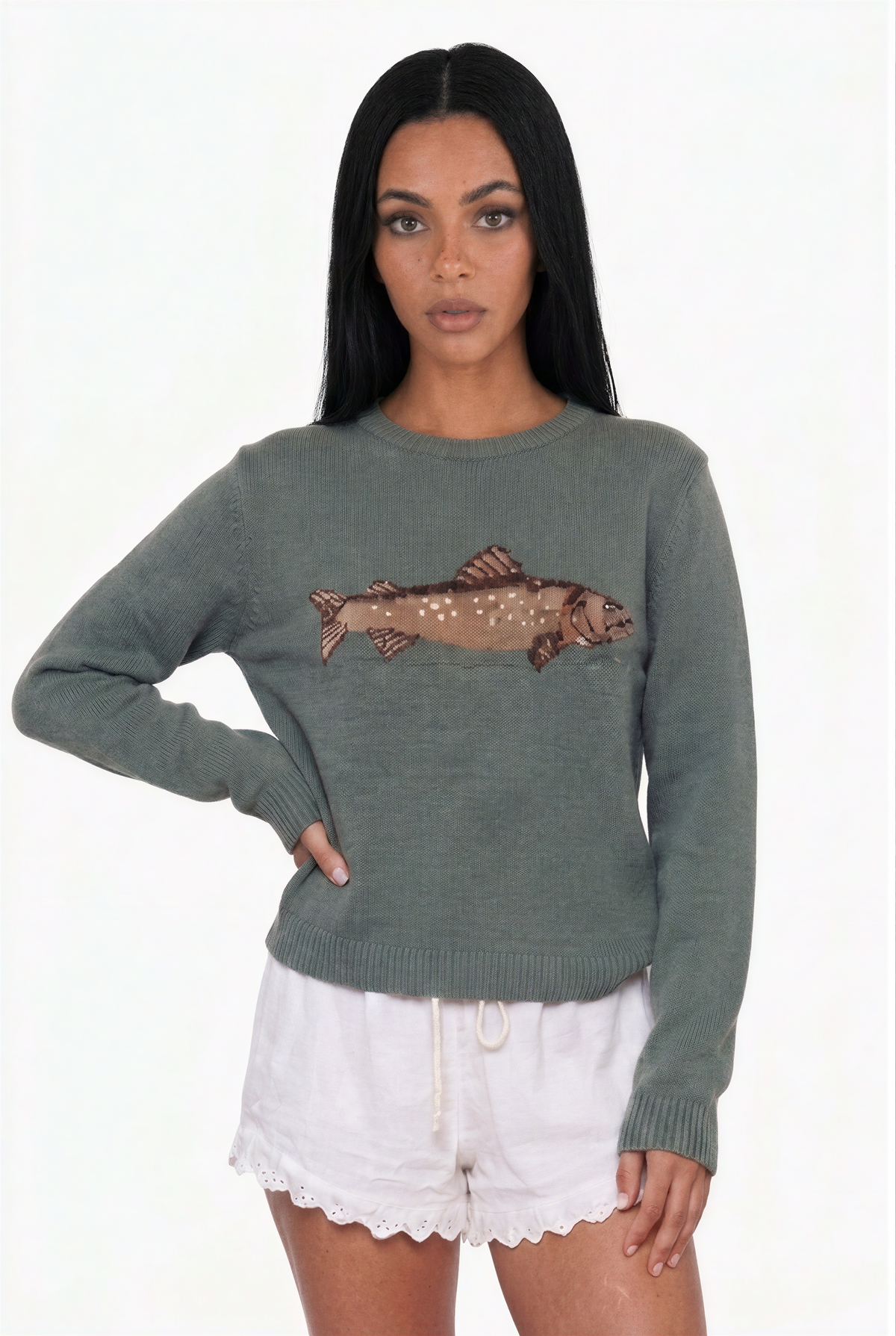 Sage Green Trout Intarsia Knit Sweater
