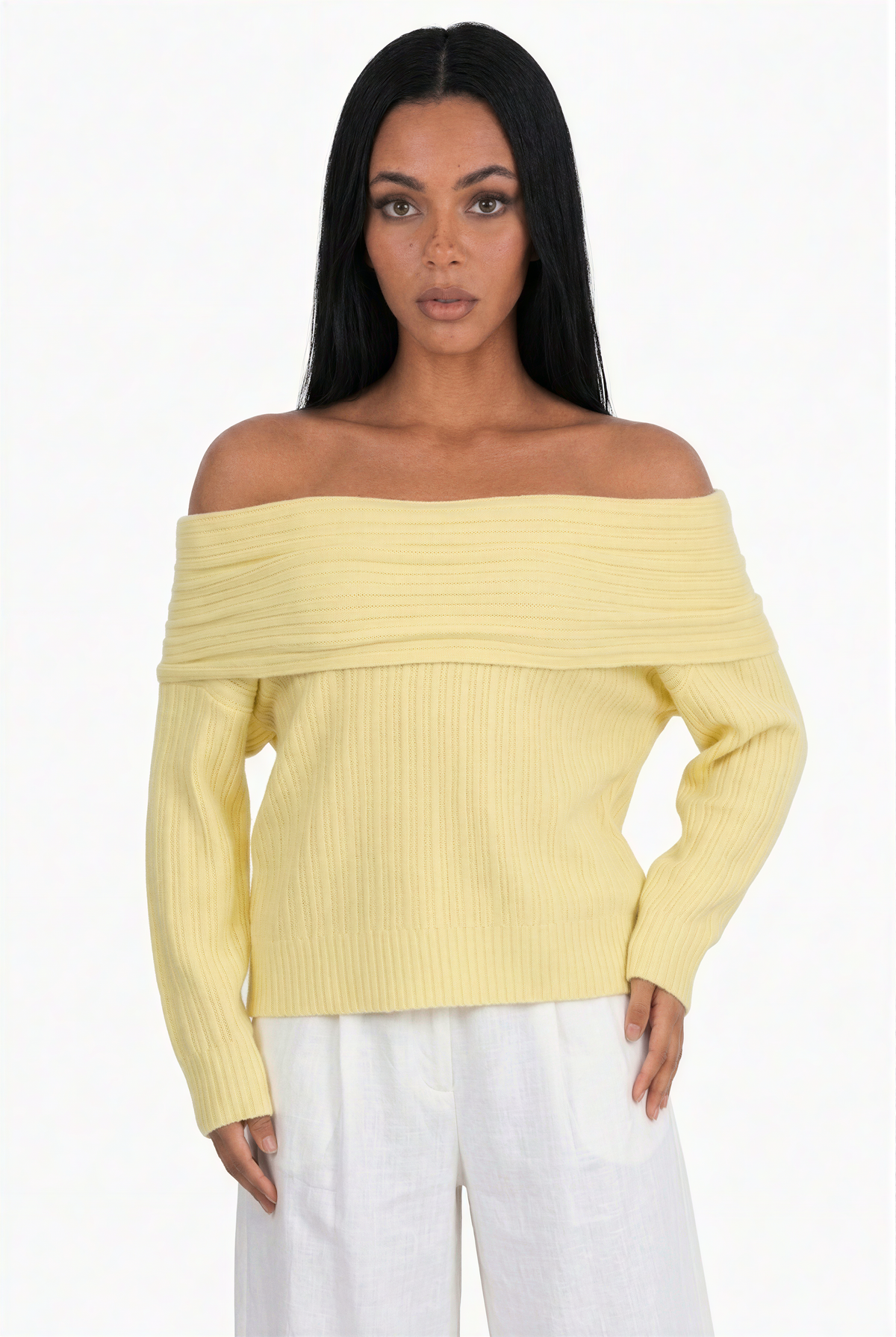 Pastel Yellow Ribbed Off-the-Shoulder Knit Sweater