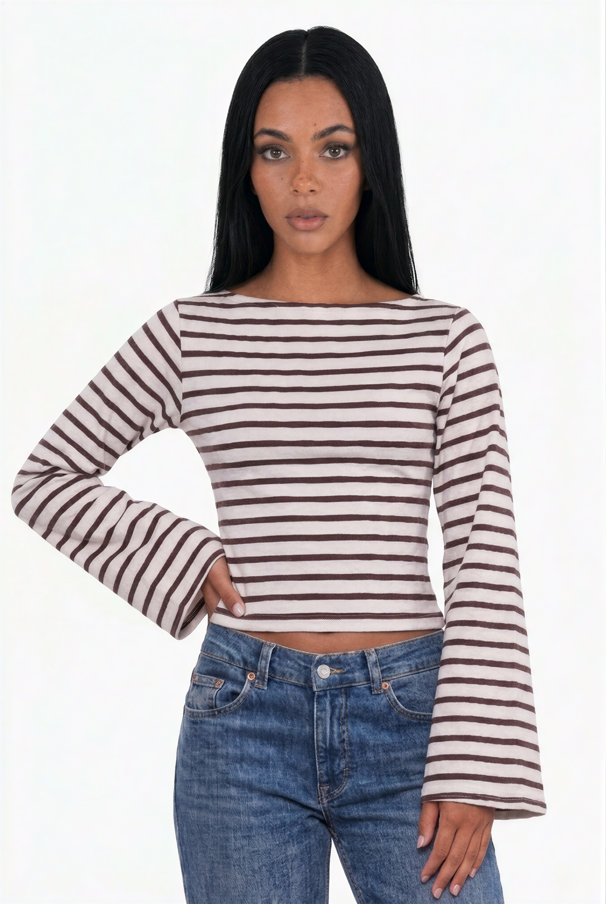 Striped Boat Neck Long-Sleeve Top