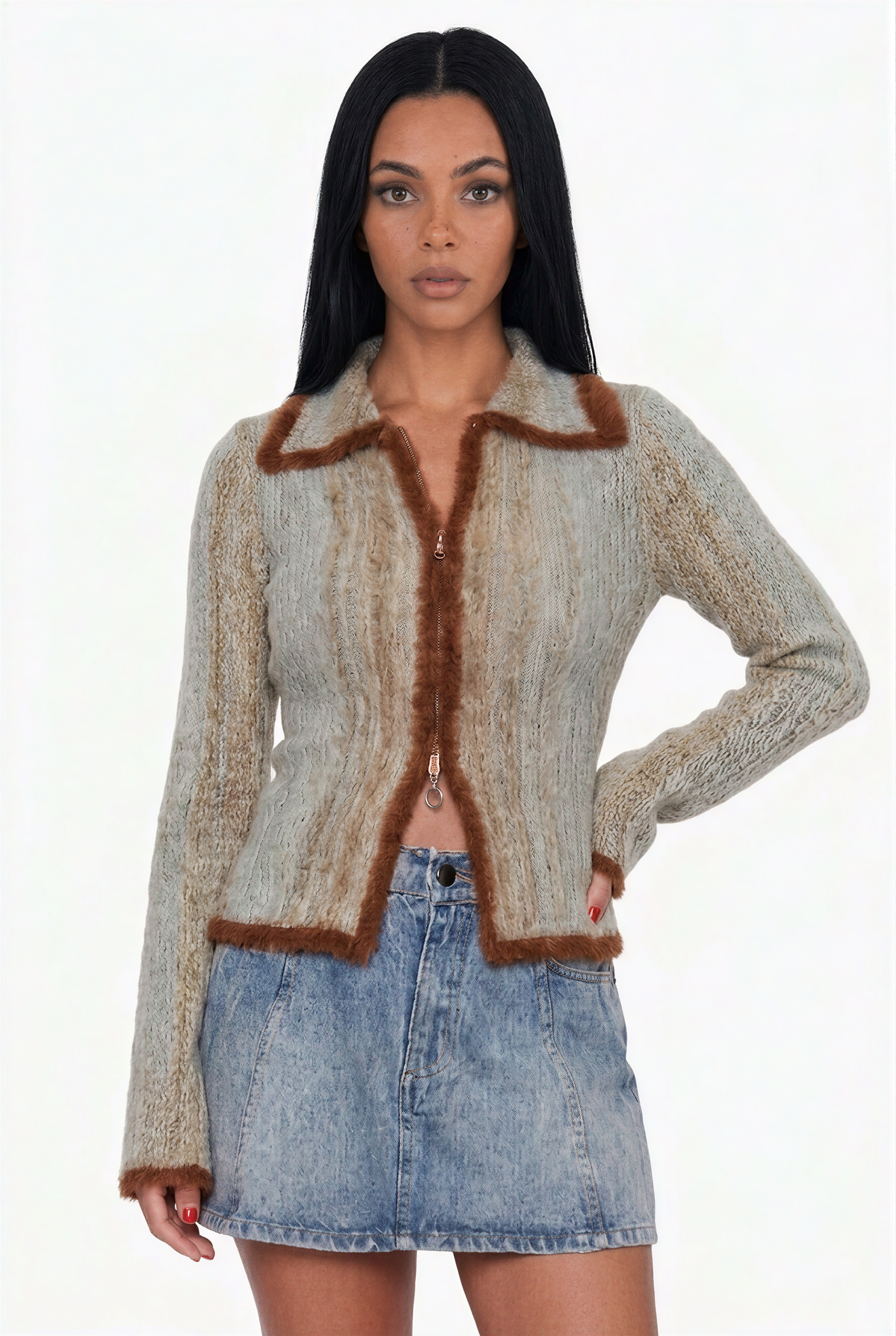 Faux Fur Trim Knit Zip-Up Cardigan