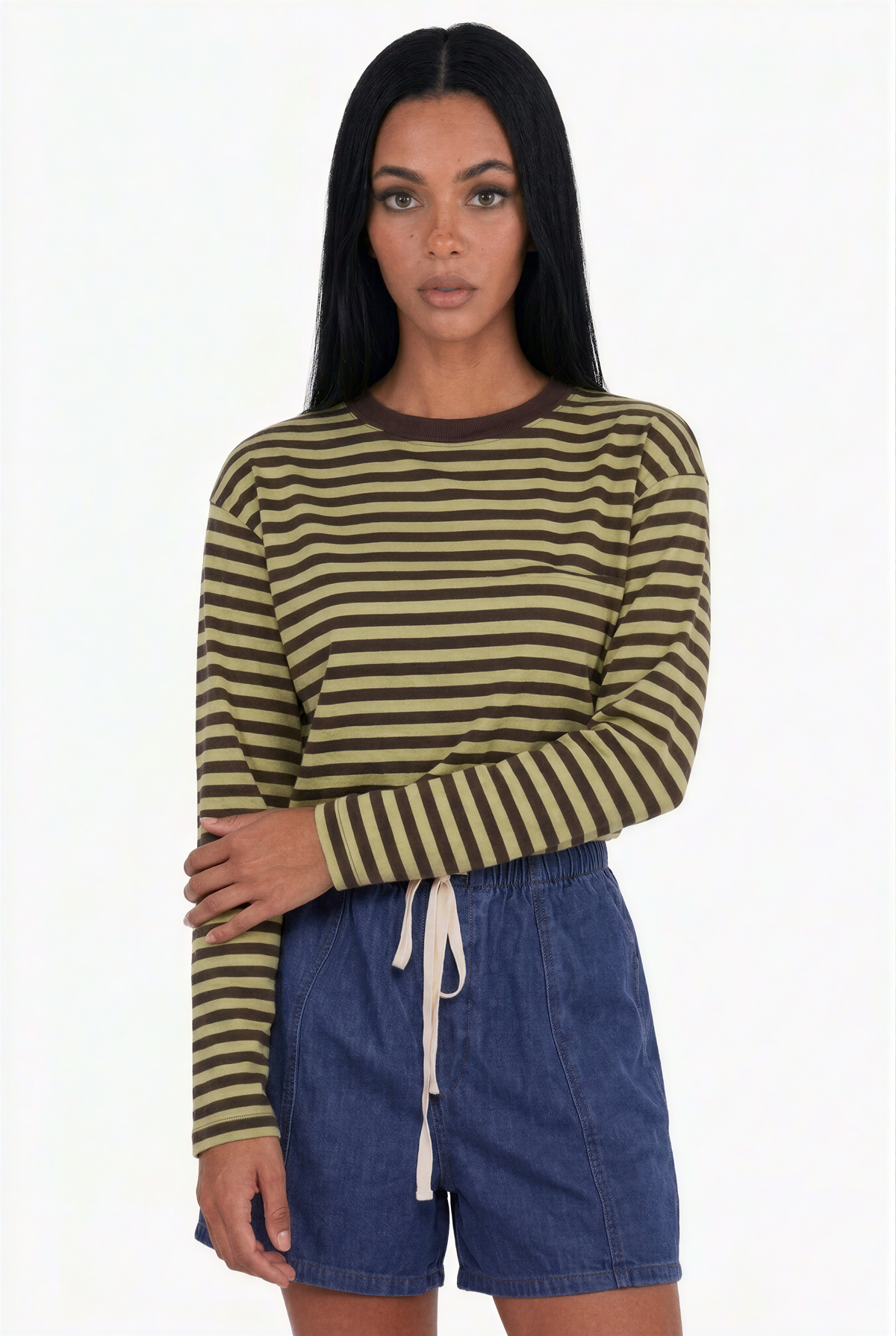 Pink and Brown Striped Long-Sleeve Crewneck Top
