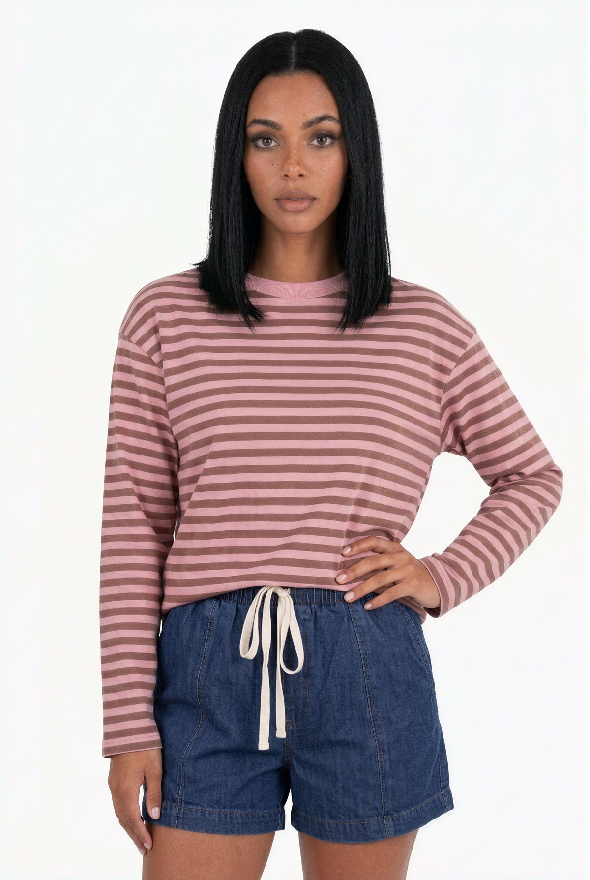 Pink and Brown Striped Long-Sleeve Crewneck Top