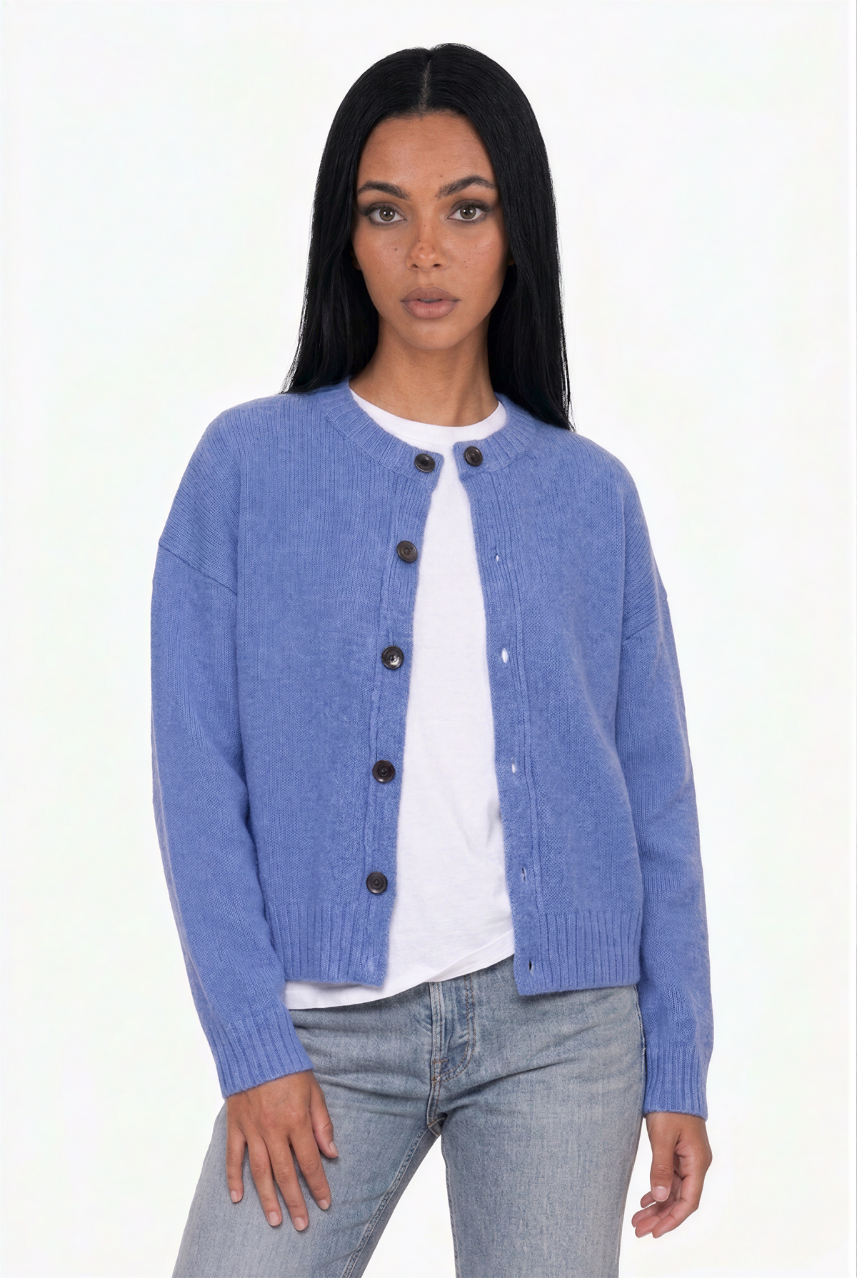 Blue Crew Neck Button-Up Knit Cardigan