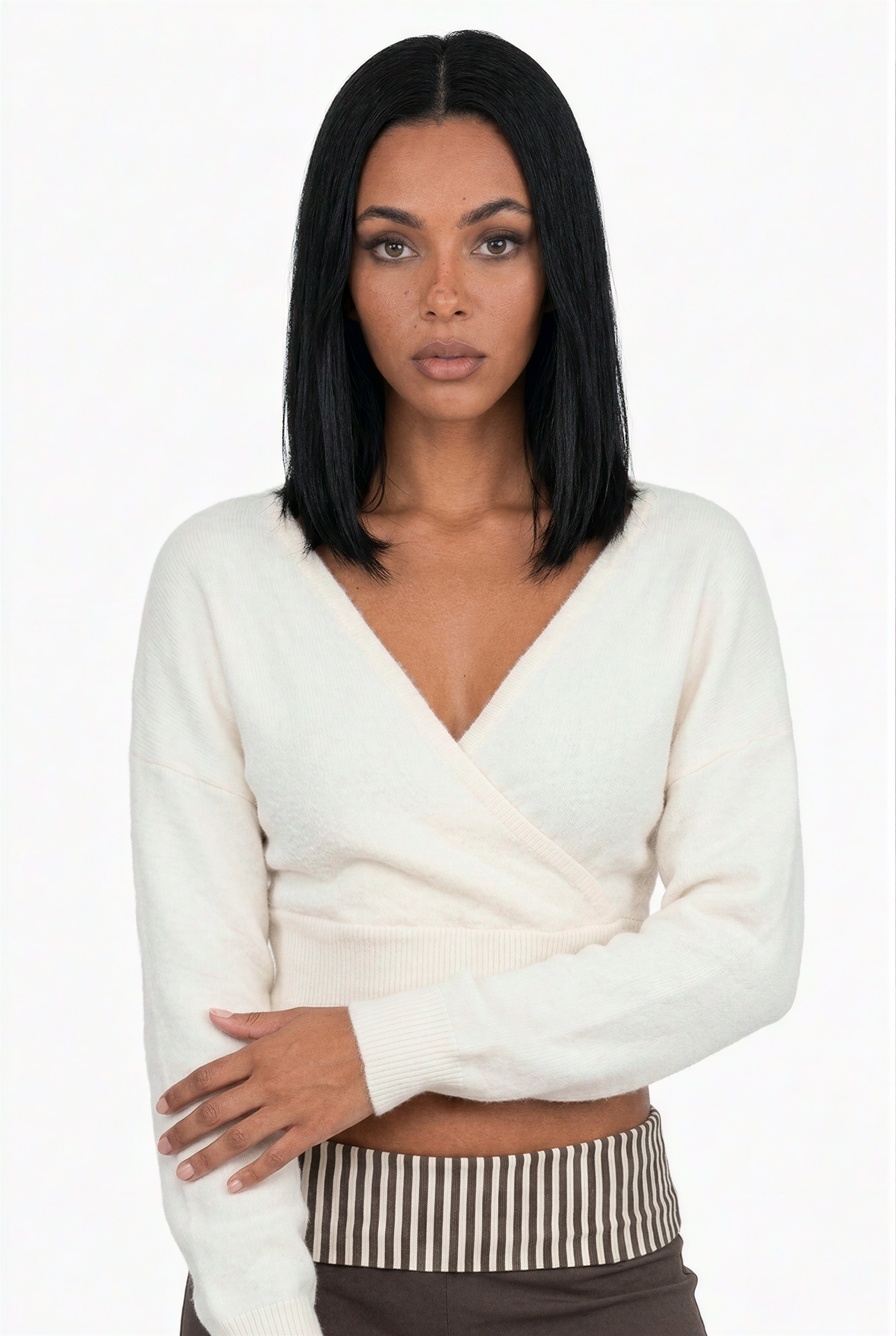 Ivory Cropped V-Neck Wrap Sweater