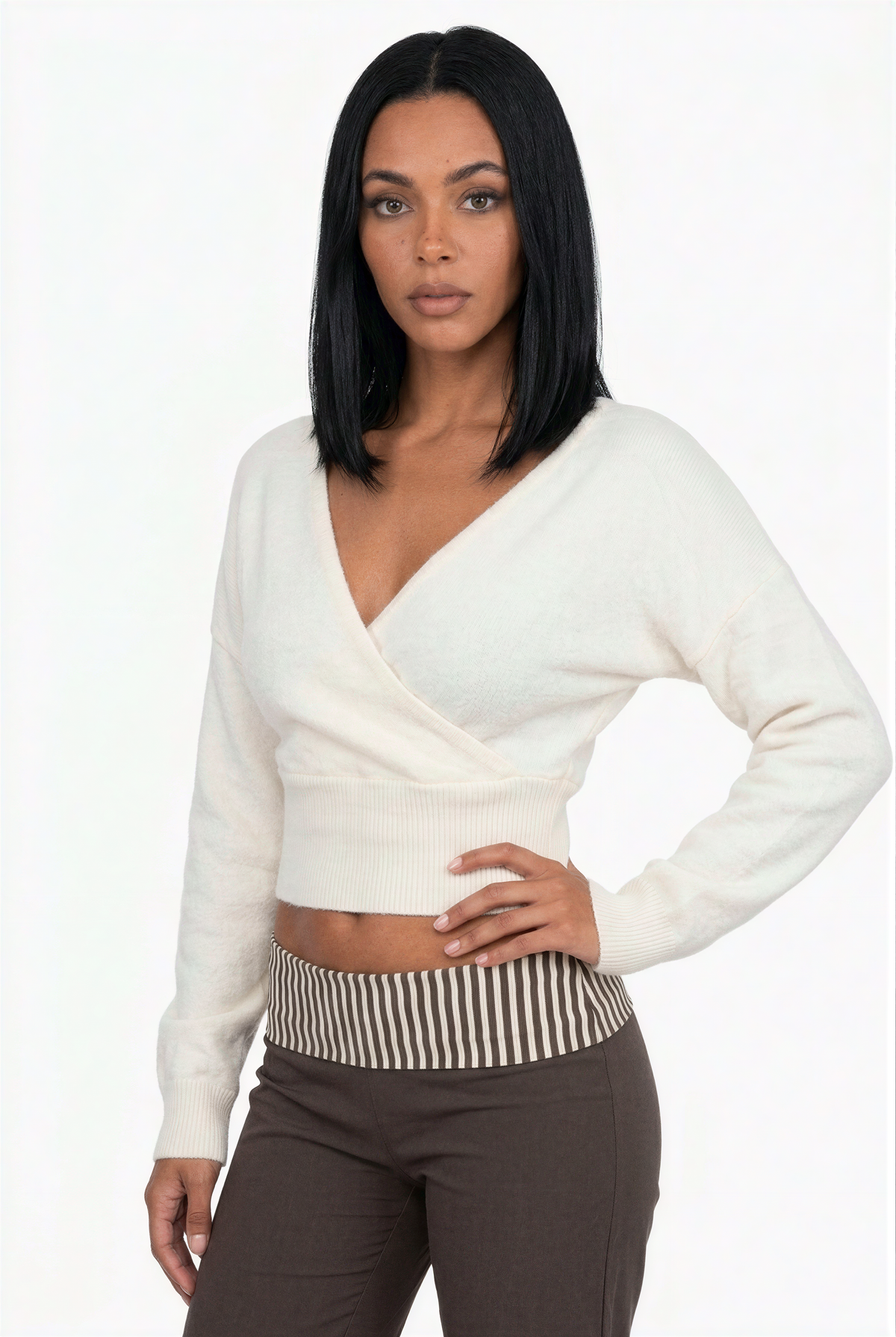 Ivory Cropped V-Neck Wrap Sweater