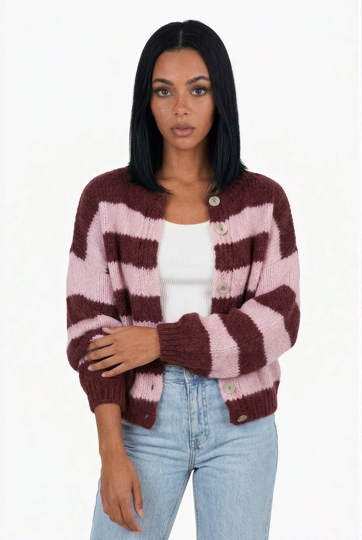 Chunky Two-Tone Striped Knit Cardigan