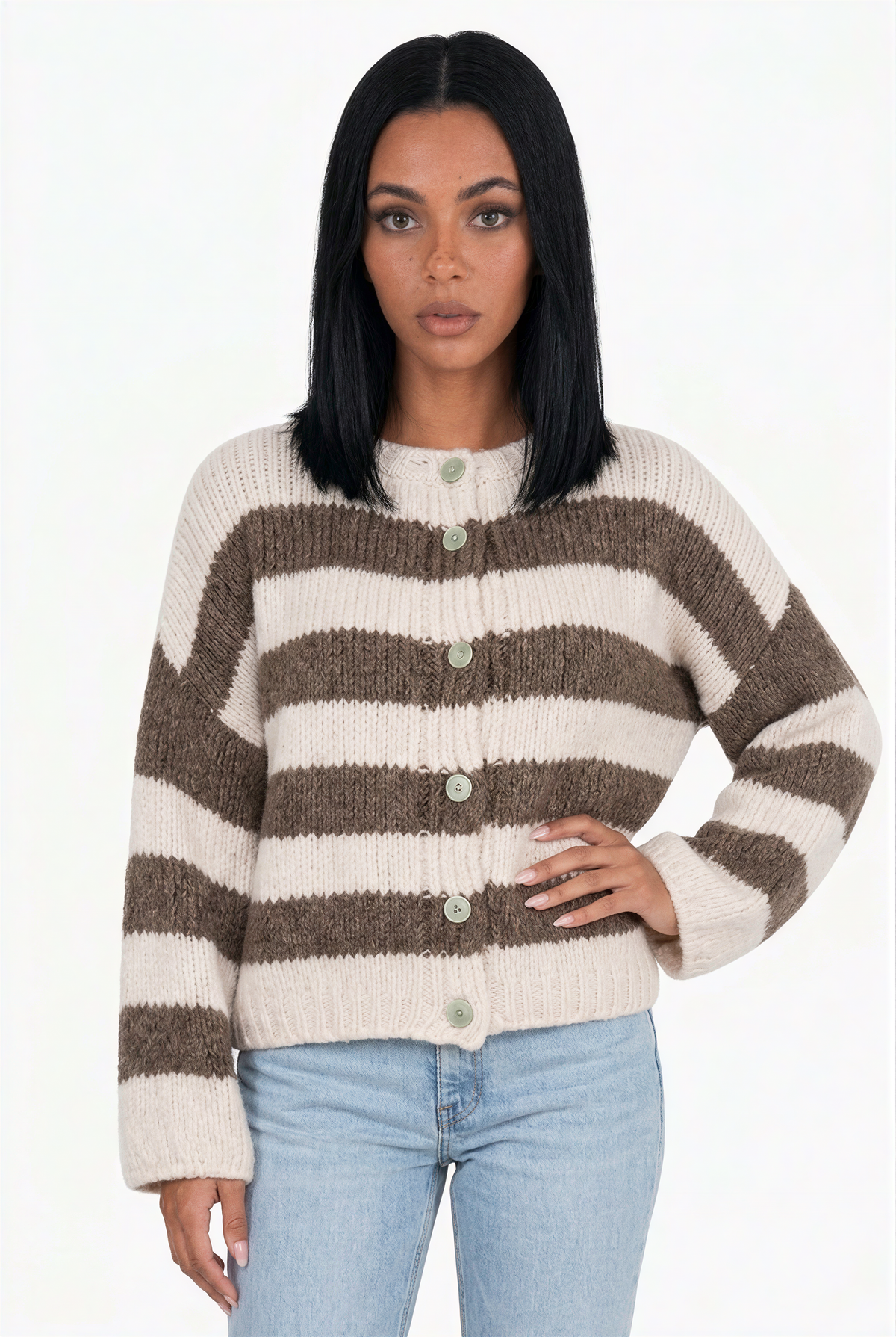 Chunky Two-Tone Striped Knit Cardigan