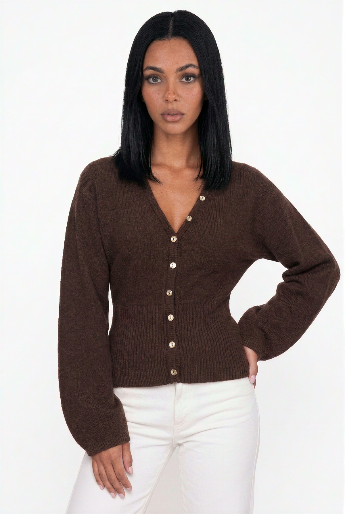 Brown V-Neck Button-Up Knit Cardigan    PRODUCTO GRANDE?