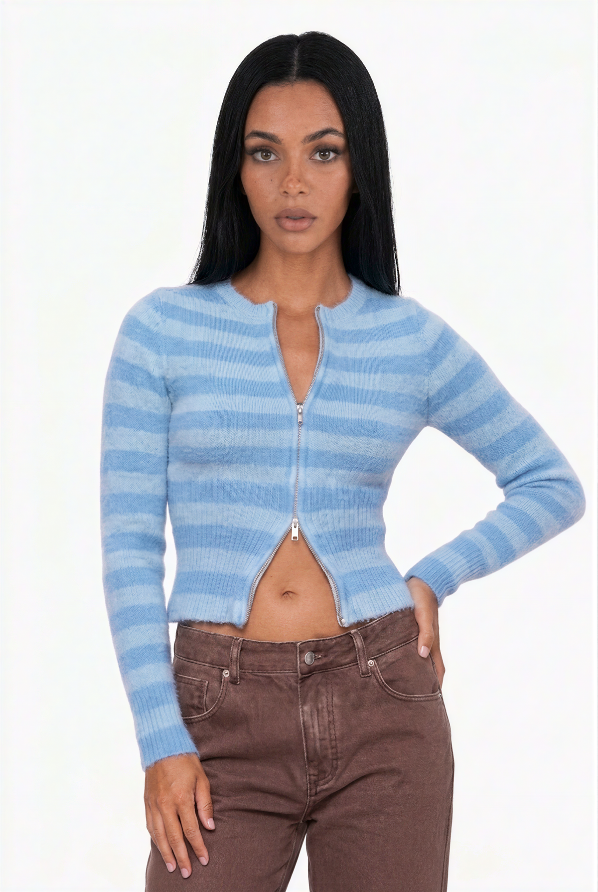 Blue Striped Fuzzy Knit Zip Cardigan