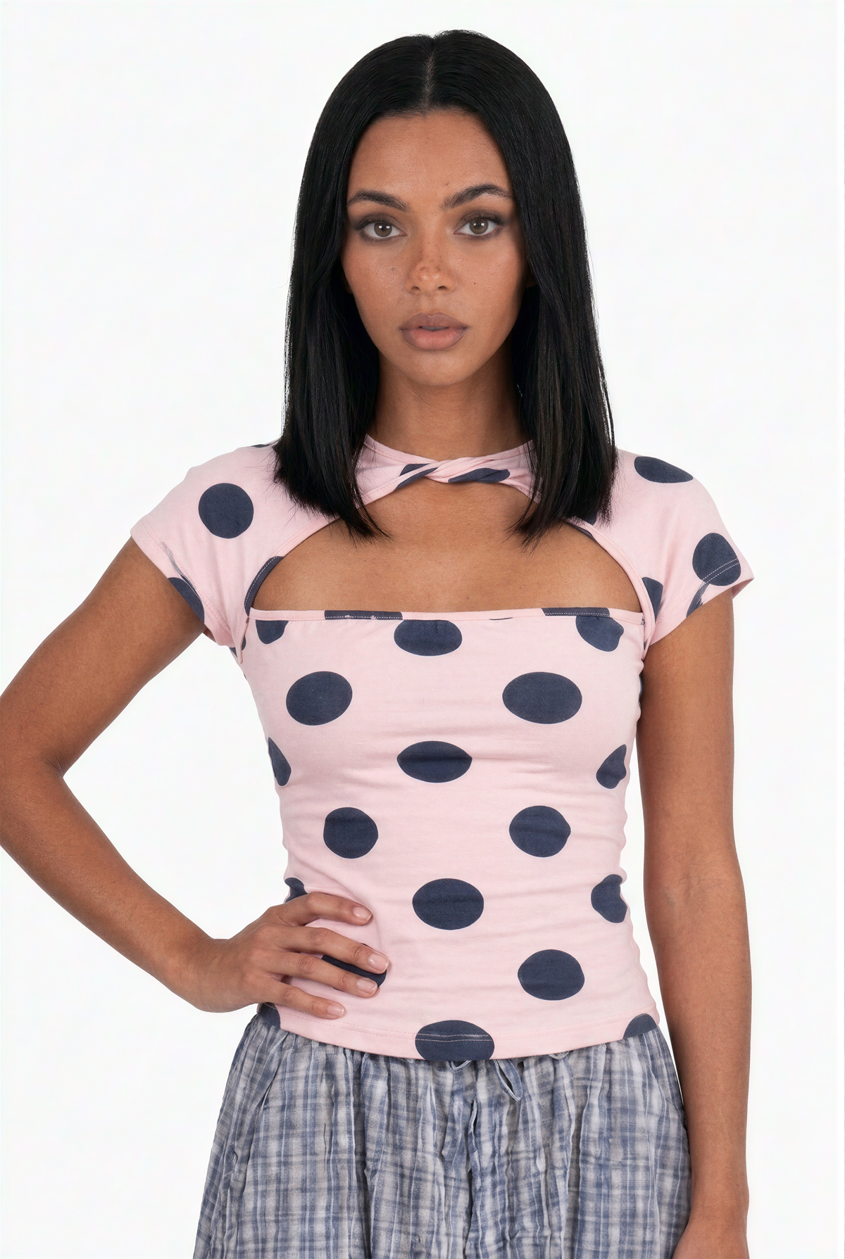Polka Dot Cutout Short-Sleeve Top