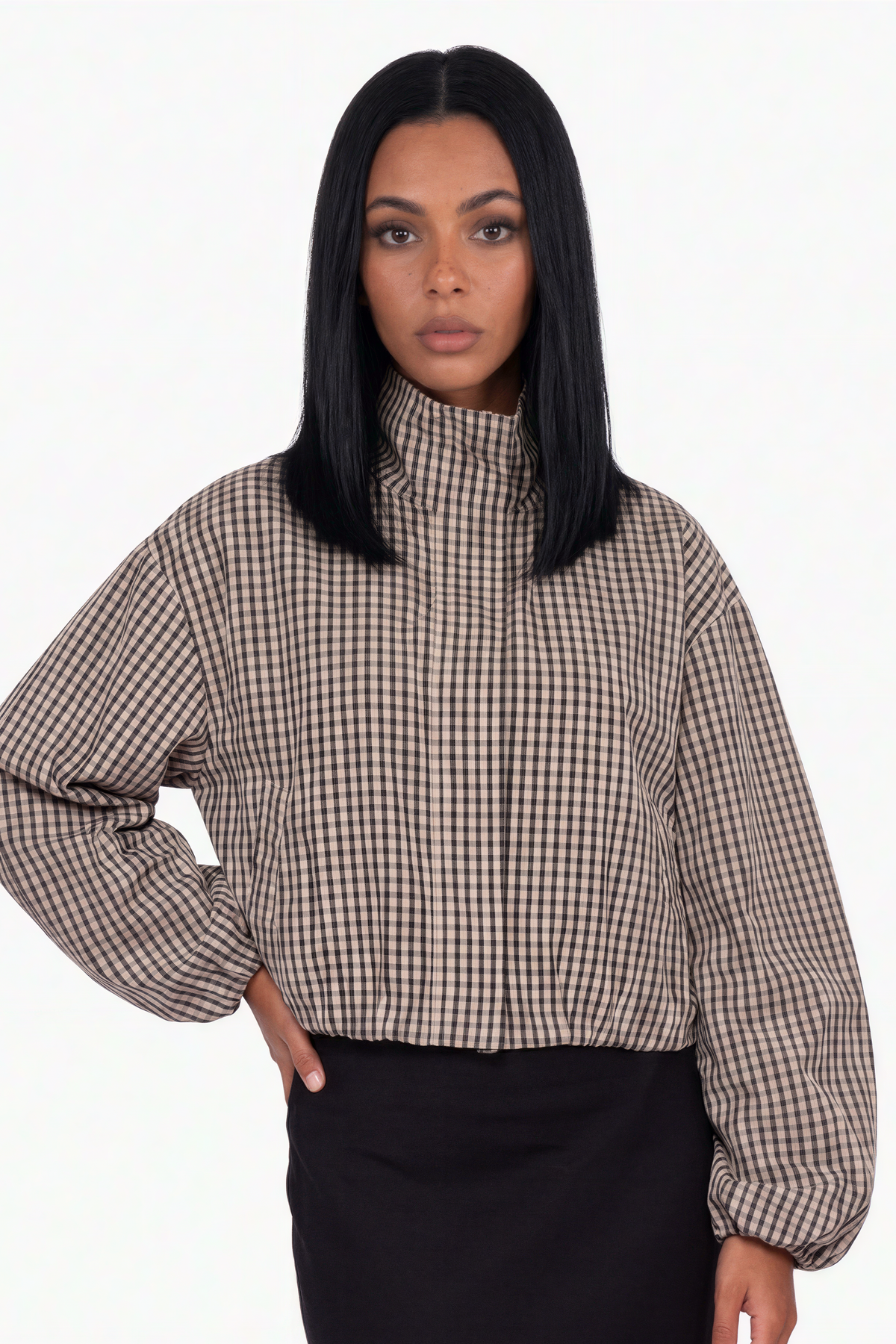Gingham Check High-Neck Zip Jacket