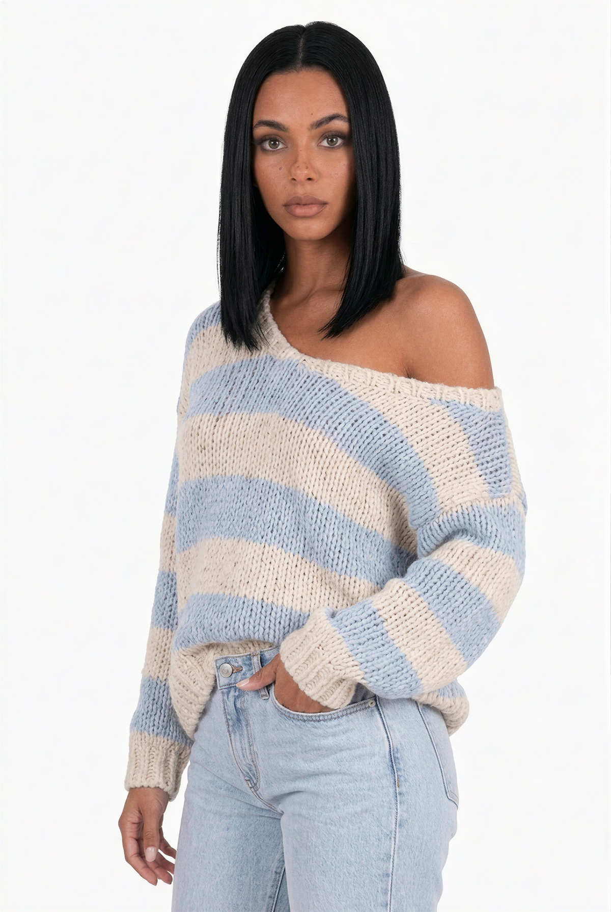 Chunky Striped Off-the-Shoulder Knit Sweater