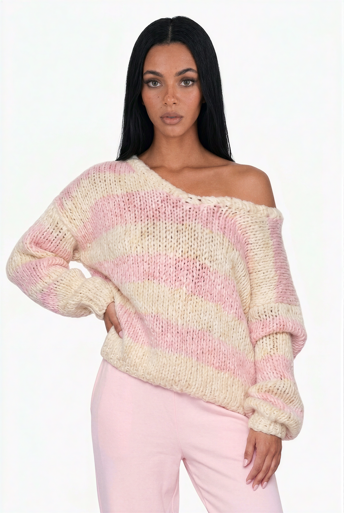 Chunky Striped Off-the-Shoulder Knit Sweater