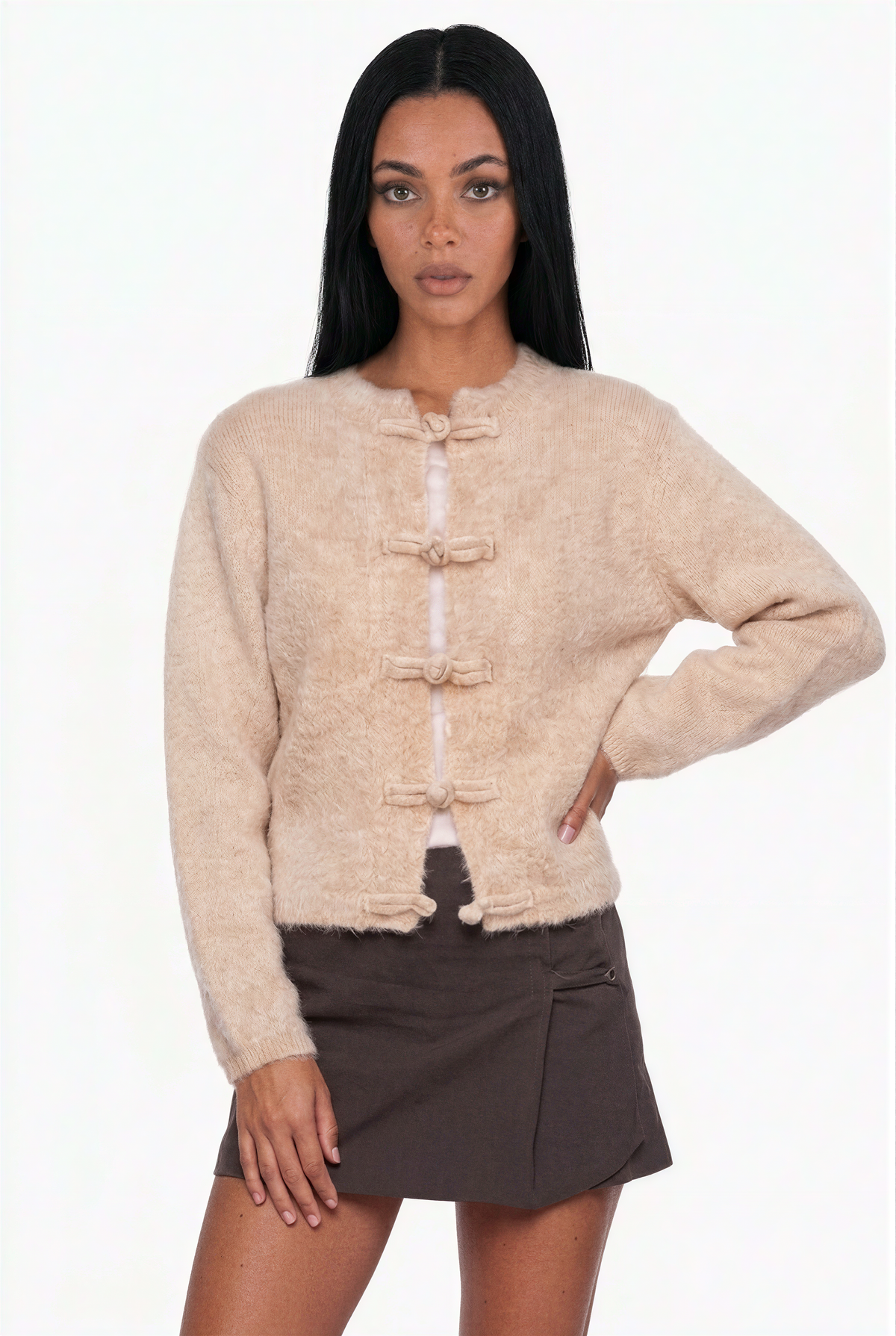 Beige Fuzzy Knit Cardigan