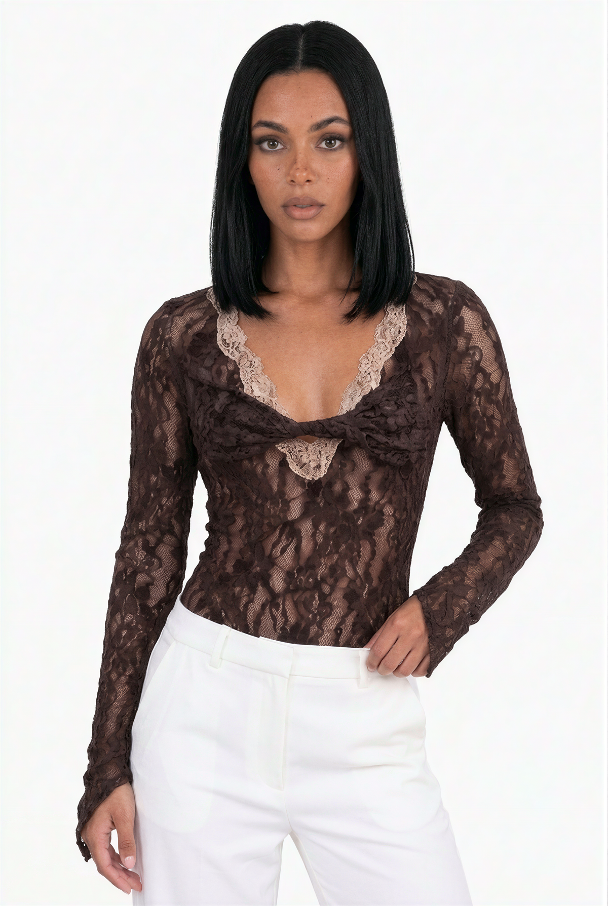 Lace Twist-Front Long Sleeve Bodysuit