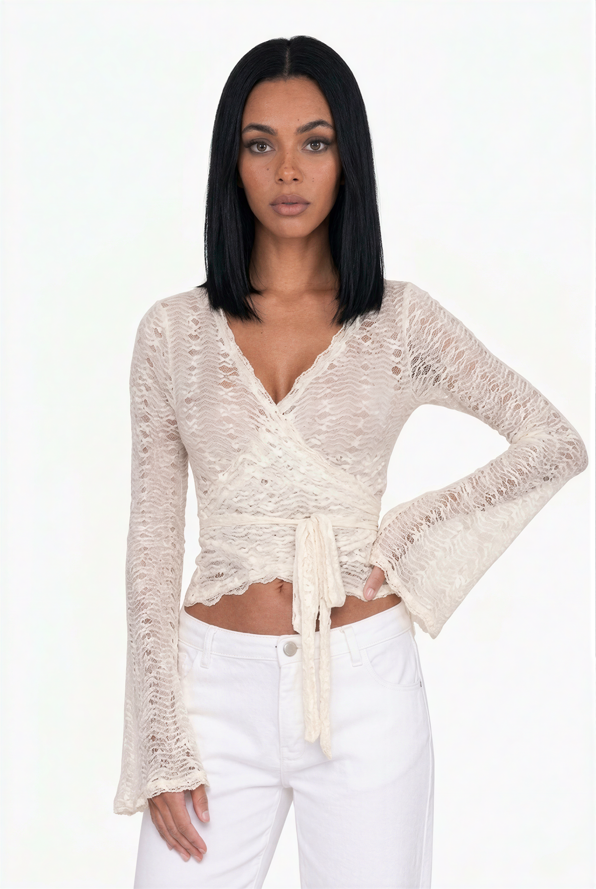 Boho Cream Lace V-Neck Tie-Wrap Crop Top