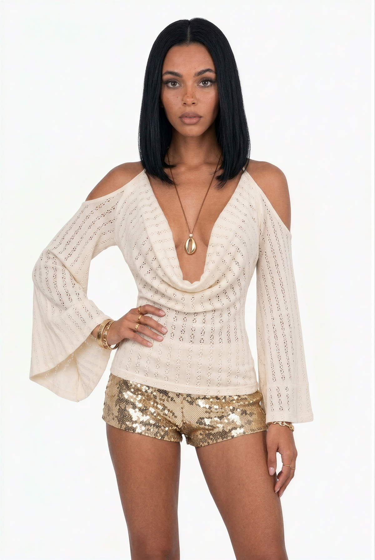 Textured Halter Neck Cold Shoulder Top with Bell Sleeves