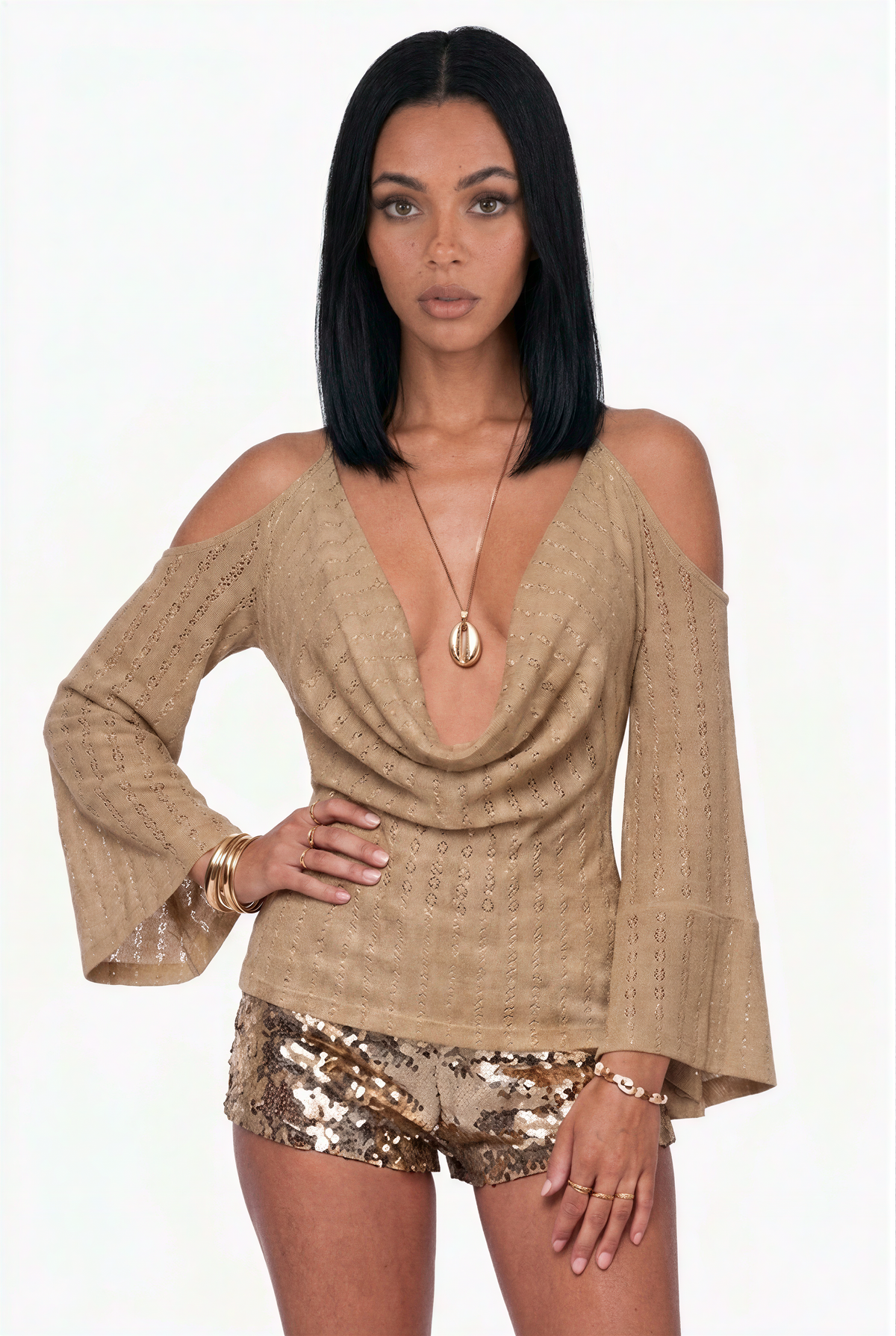 Textured Halter Neck Cold Shoulder Top with Bell Sleeves